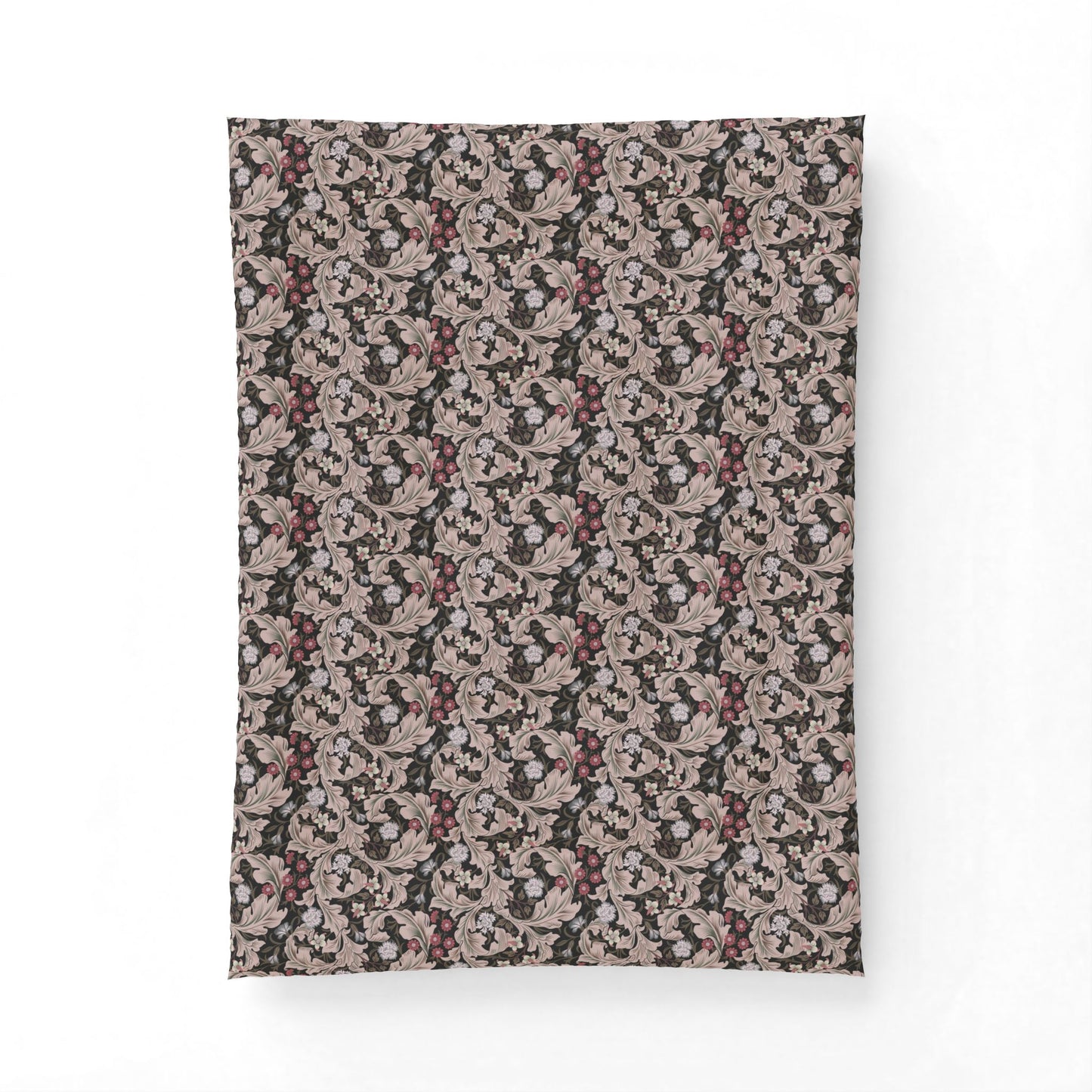 A rectangular fabric item, likely a pillowcase or small blanket, featuring an intricate vintage damask floral pattern in muted dusty pink, burgundy, and cream on a dark charcoal background, shown flat against a white backdrop.