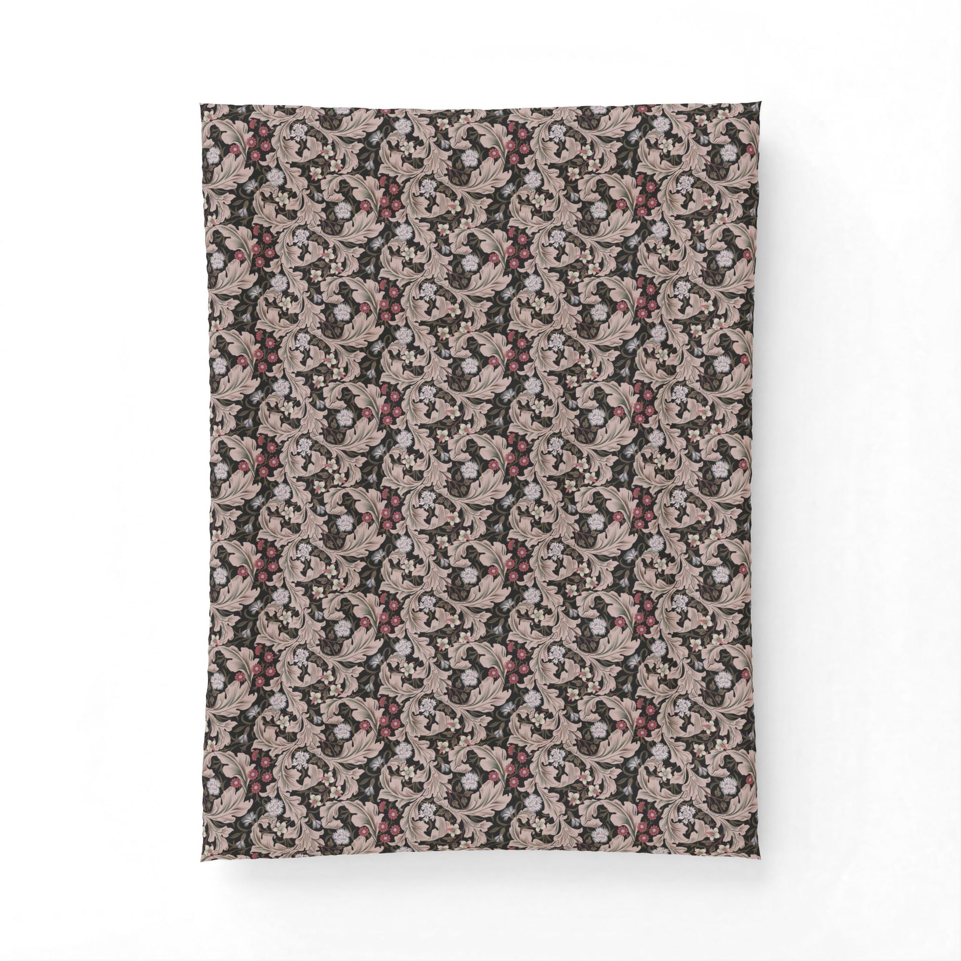 A rectangular fabric item, likely a pillowcase or small blanket, featuring an intricate vintage damask floral pattern in muted dusty pink, burgundy, and cream on a dark charcoal background, shown flat against a white backdrop.