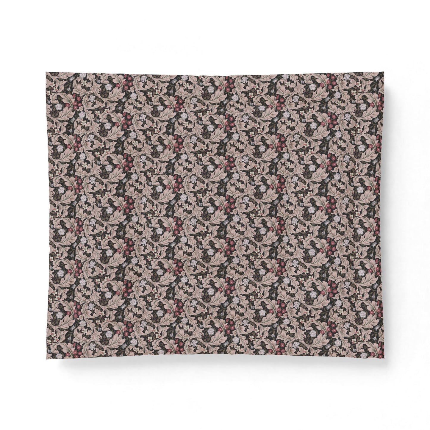 A rectangular fabric placemat featuring an intricate vintage damask floral pattern in muted tones of dusty pink, mauve, charcoal gray, and beige, shown against a plain white background.