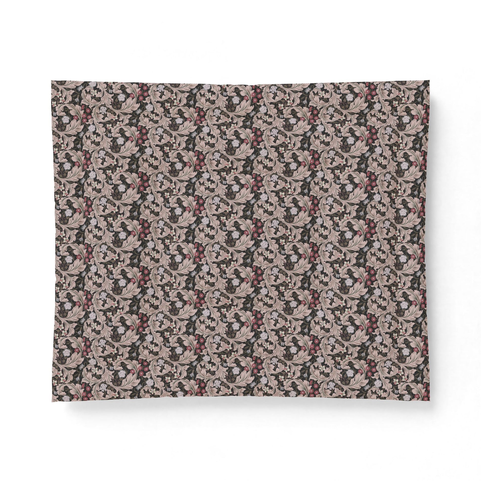 A rectangular fabric placemat featuring an intricate vintage damask floral pattern in muted tones of dusty pink, mauve, charcoal gray, and beige, shown against a plain white background.