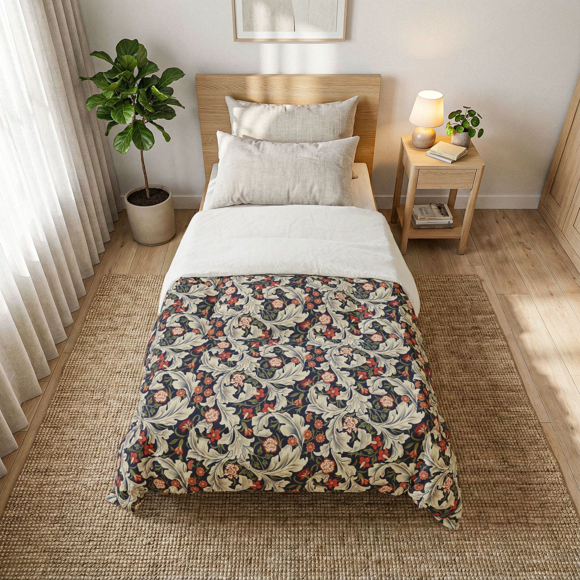 Bedroom with floral-patterned comforter on a bed, nightstand, and plant.