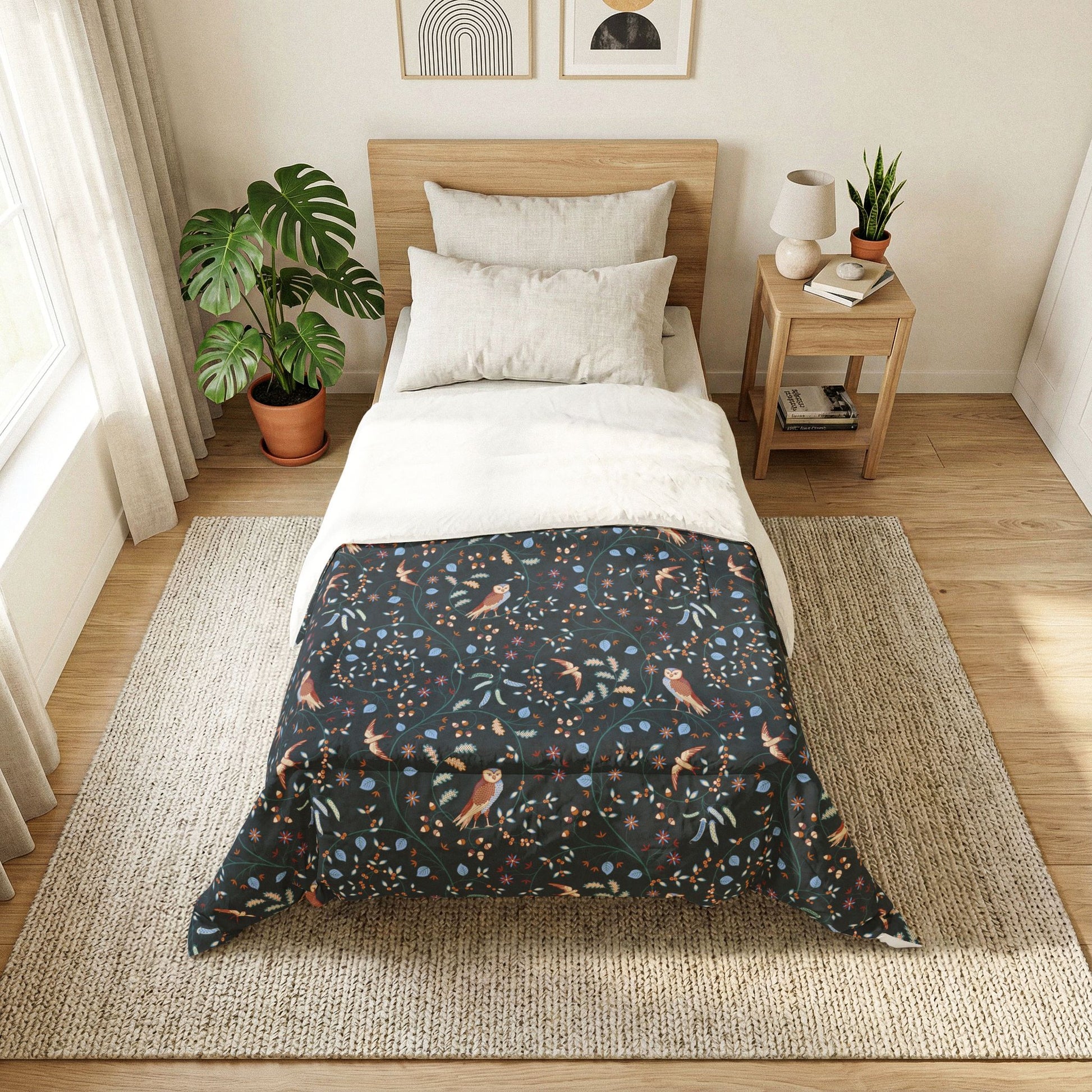 Cotton Comforter by William Morris & Co in a dark blue floral pattern called Newill Collection (Night)