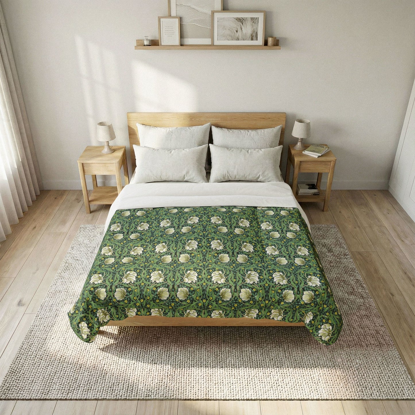 Bed with green floral patterned comforter in a bedroom setting