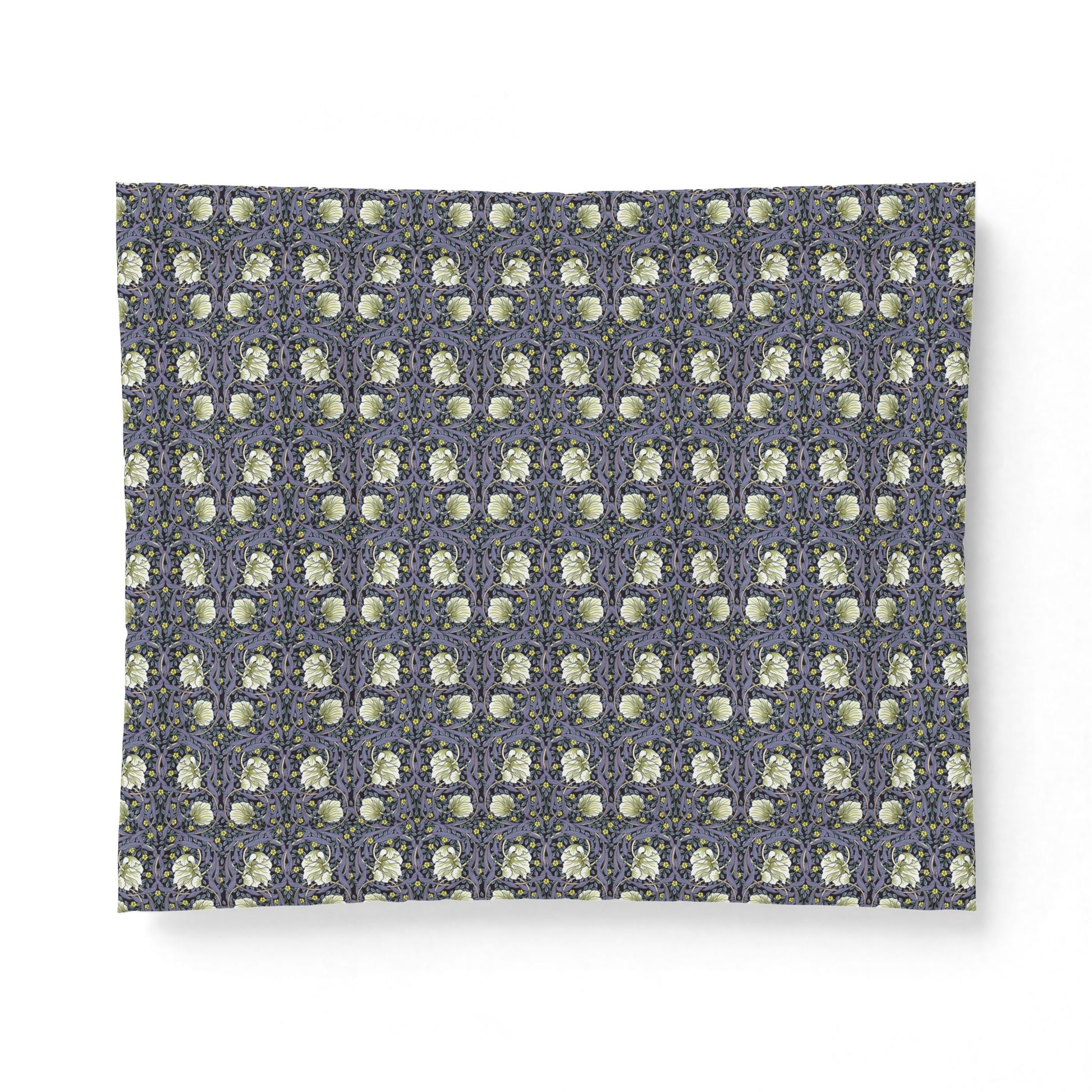Patterned fabric swatch with small white flowers on a dark blue background