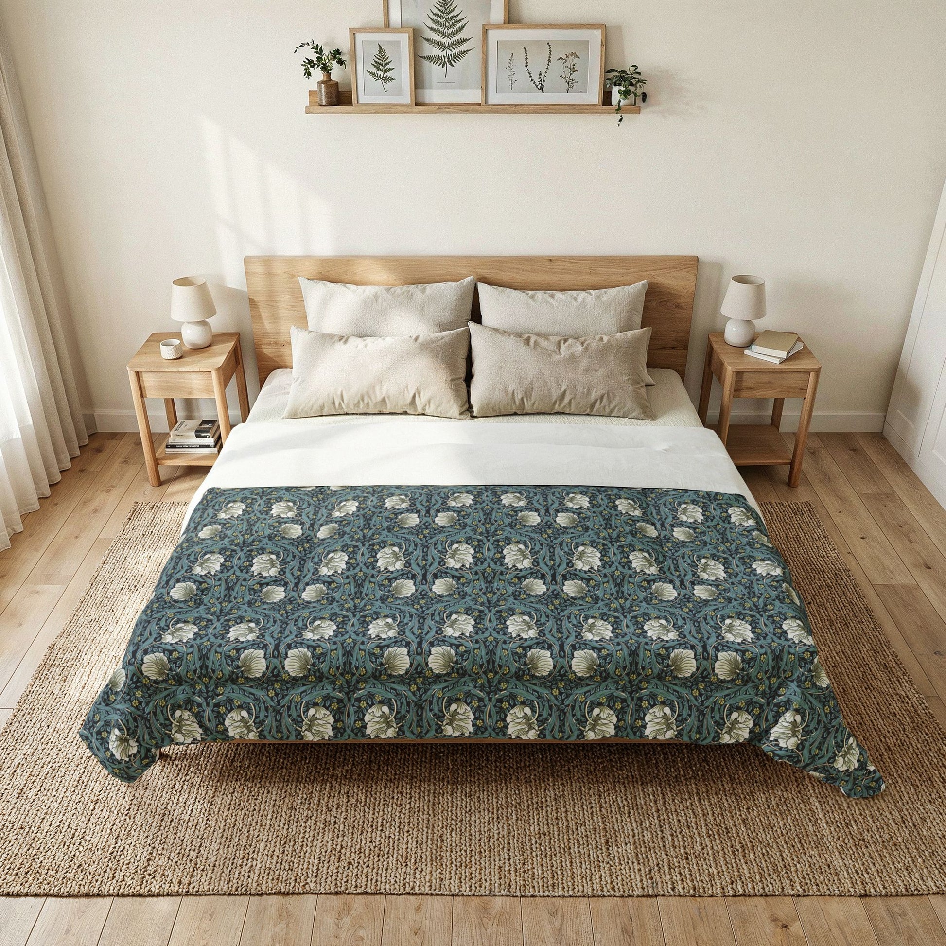 Bedroom with a bed featuring a green floral patterned quilt, wooden headboard, and side tables.