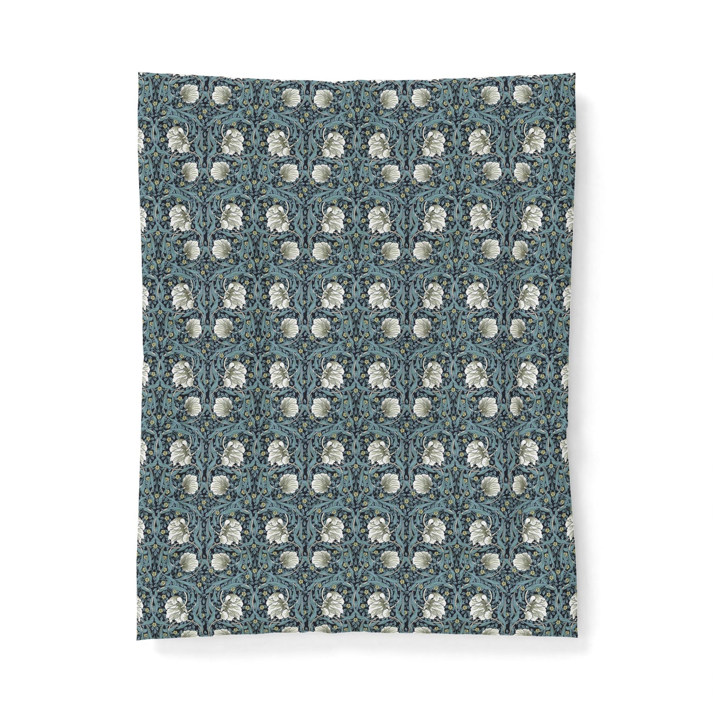 Patterned fabric swatch with floral design on a blue background