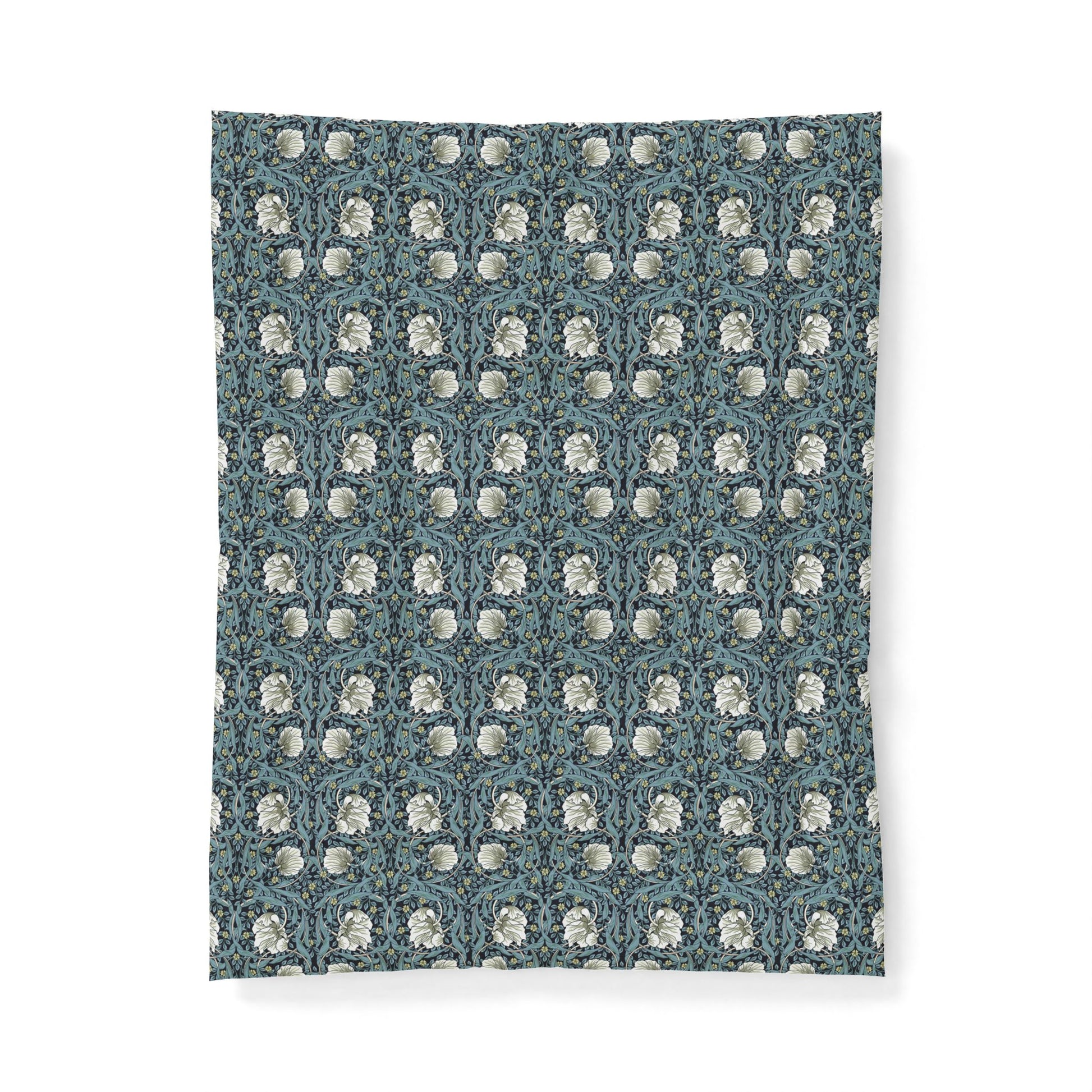 Patterned fabric swatch with floral design on a blue background