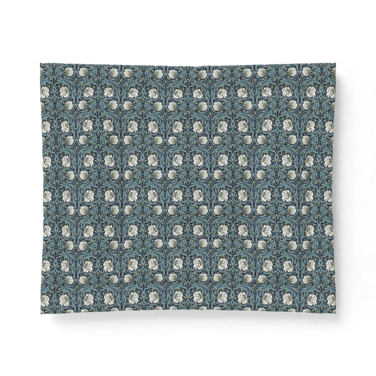 Patterned blue and white fabric swatch on a white background