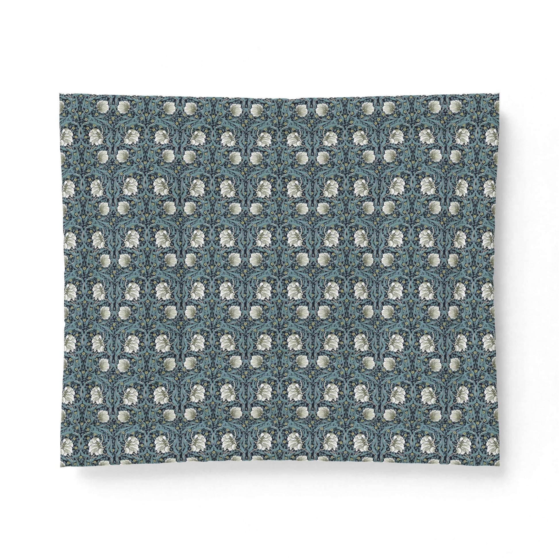 Patterned blue and white fabric swatch on a white background
