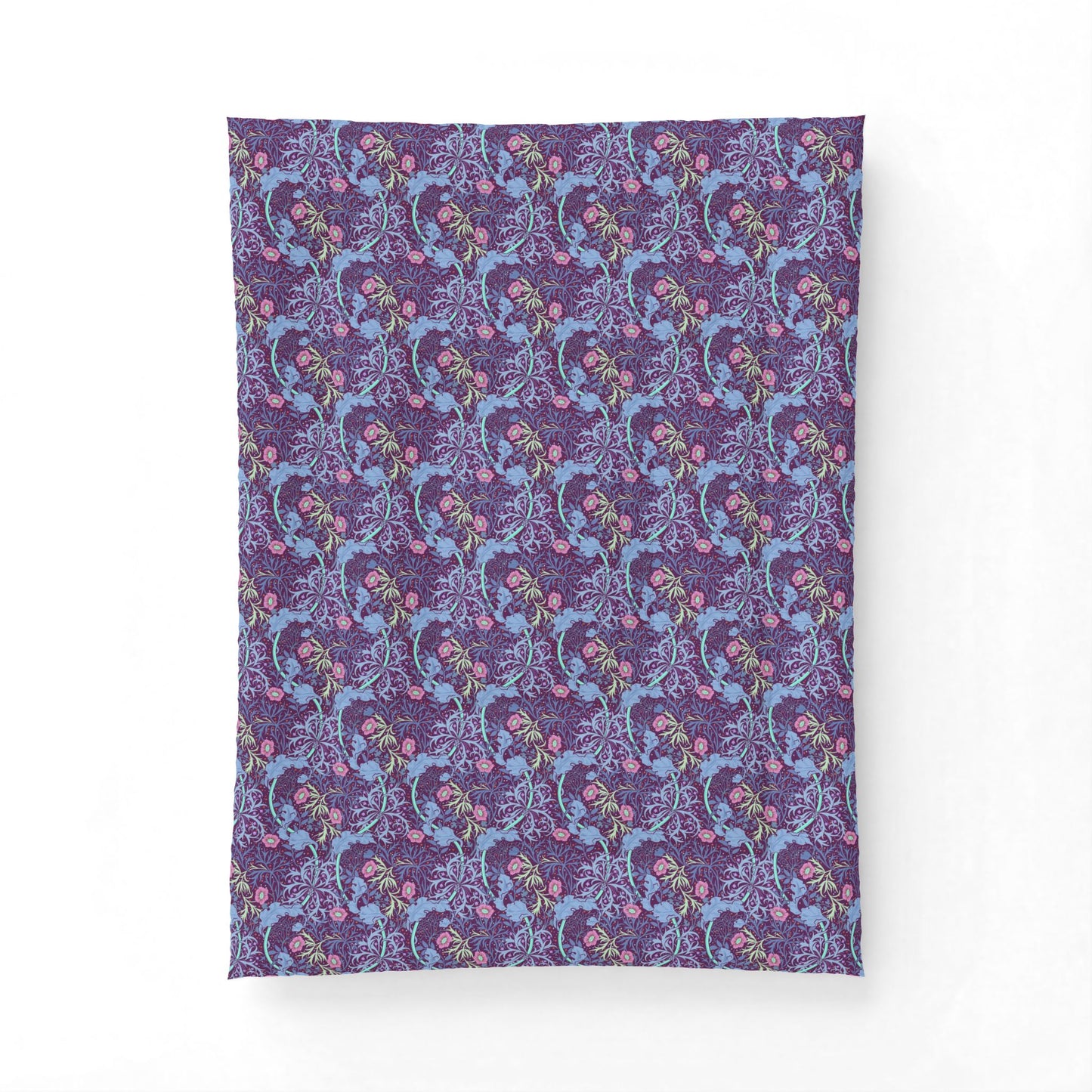 Patterned fabric swatch with blue and pink design on a purple background