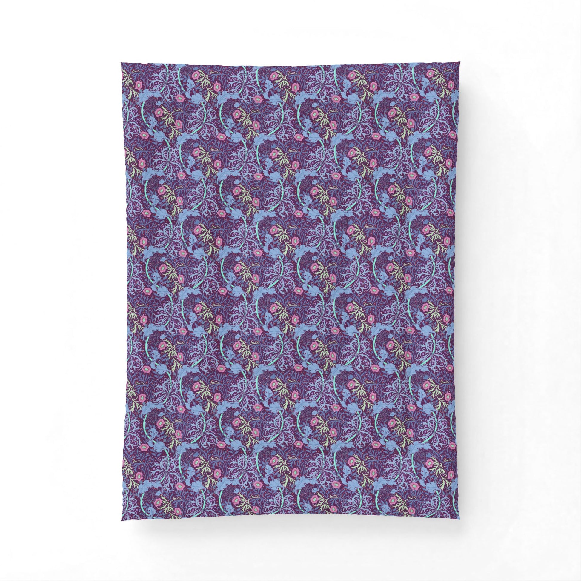Patterned fabric swatch with blue and pink design on a purple background