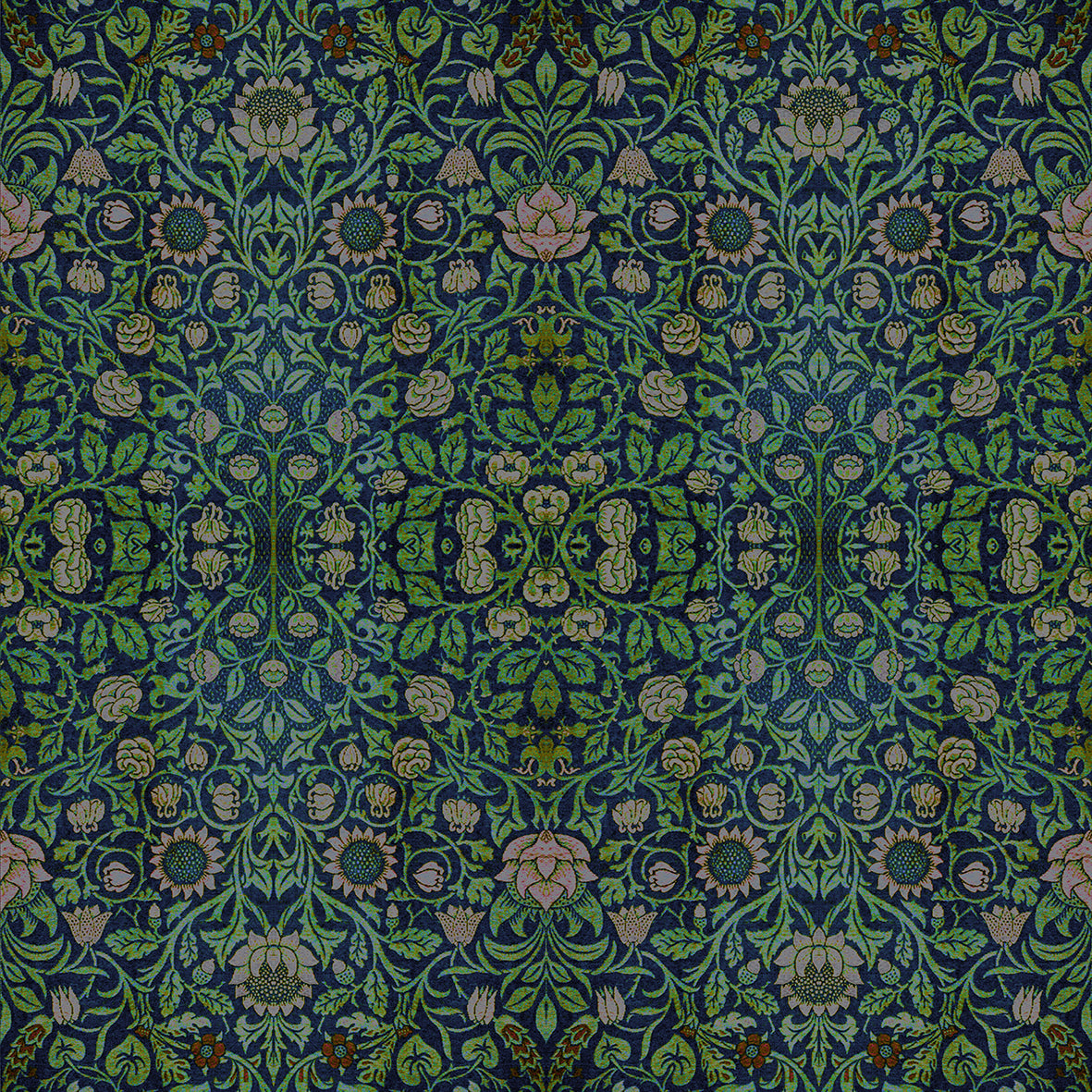 Decorative fabric with intricate floral pattern on a dark blue background