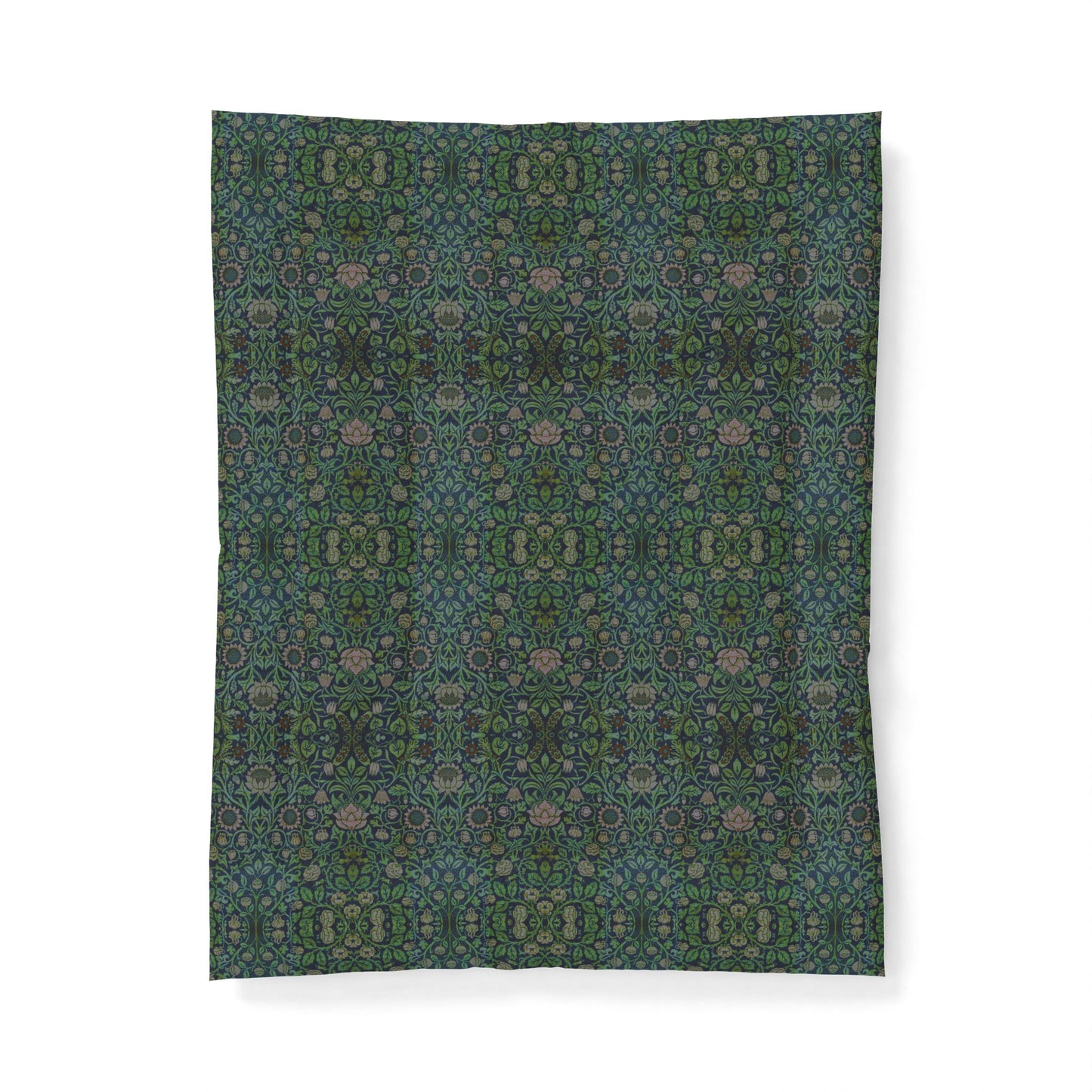 A rectangular fabric item, likely a blanket or towel, featuring a dense all-over floral pattern in orange, teal, and cream on a dark brown background, shown flat against a white backdrop.