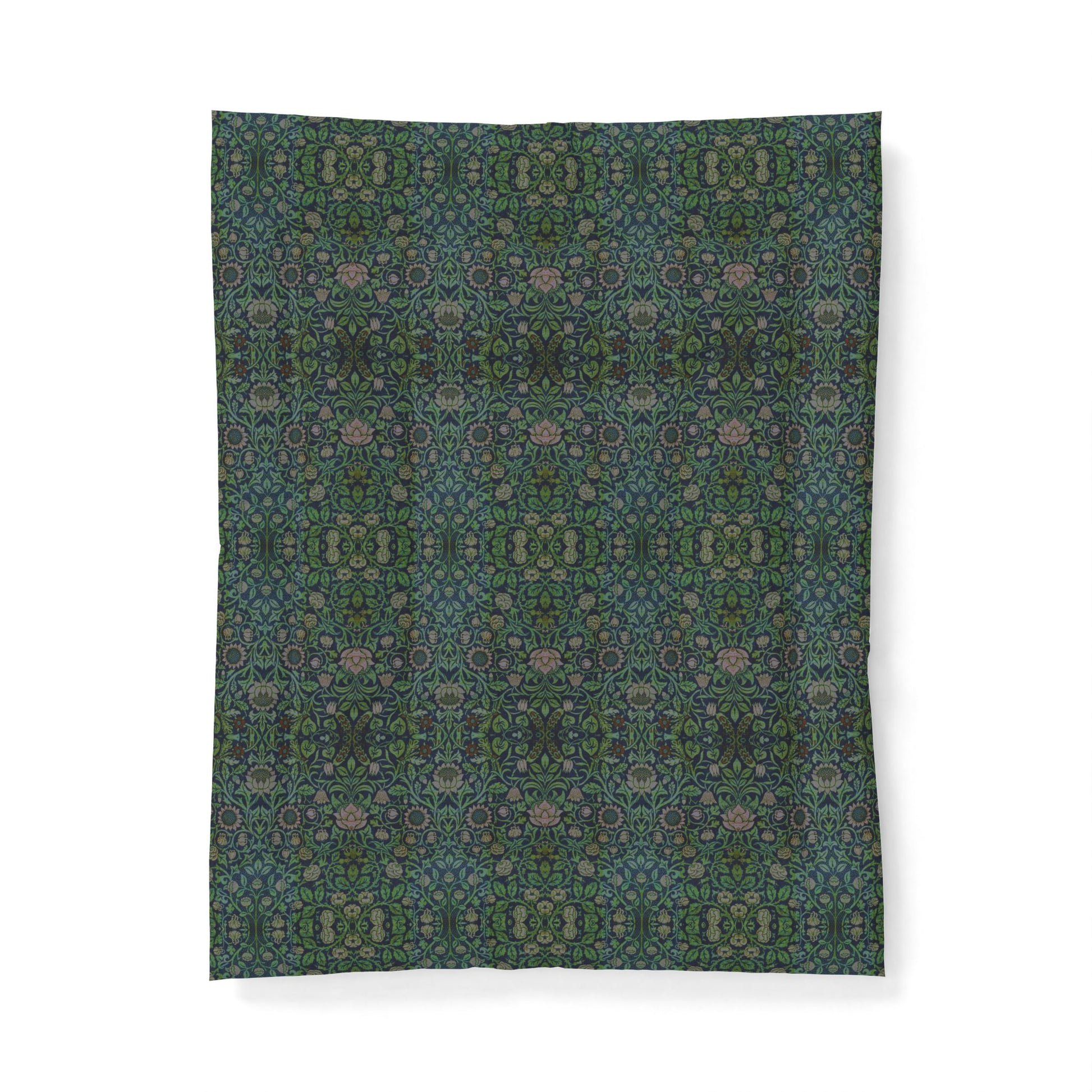 A rectangular fabric item, likely a blanket or towel, featuring a dense all-over floral pattern in orange, teal, and cream on a dark brown background, shown flat against a white backdrop.