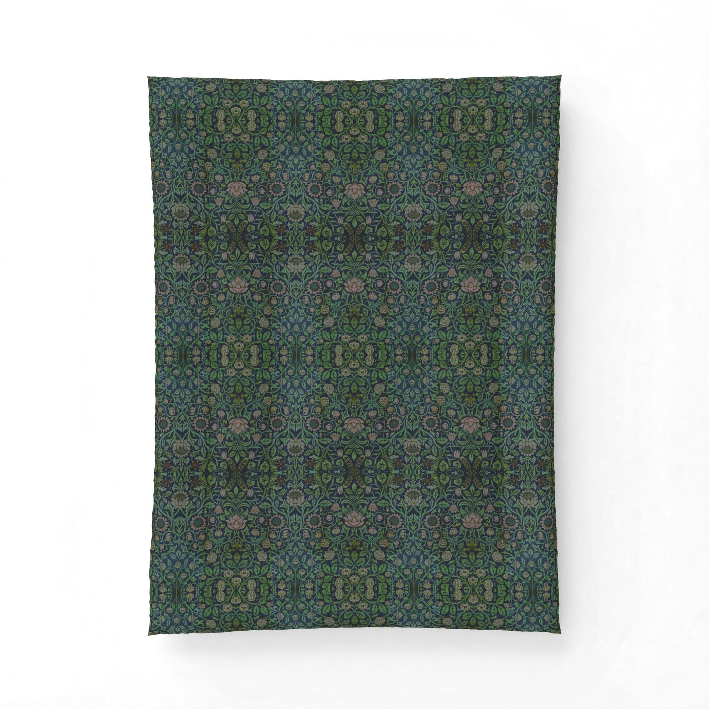 A rectangular textile product, likely a pillowcase or folded blanket, featuring an intricate, symmetrical geometric and floral pattern in shades of teal, green, and gray, displayed against a clean white background.