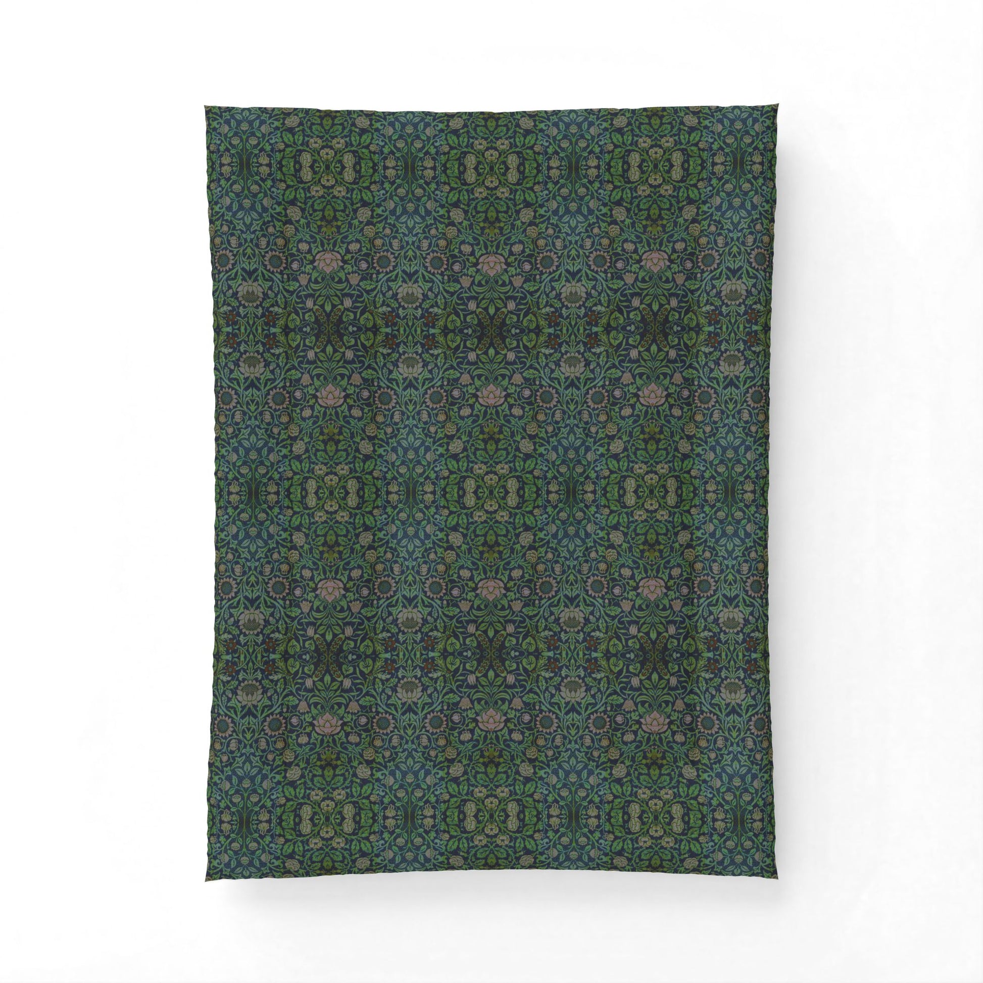 A rectangular textile product, likely a pillowcase or folded blanket, featuring an intricate, symmetrical geometric and floral pattern in shades of teal, green, and gray, displayed against a clean white background.