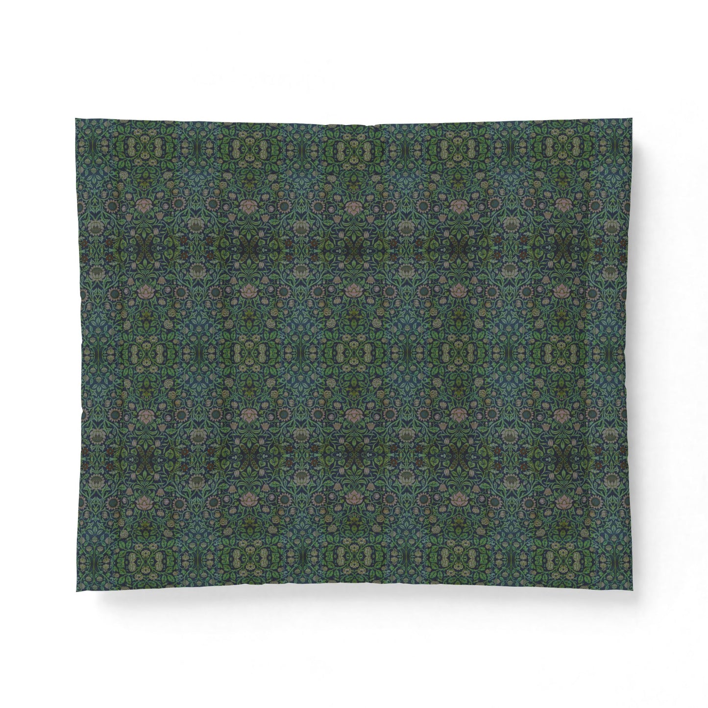 A square fabric or paper napkin featuring an intricate, symmetrical kaleidoscopic pattern in shades of teal, green, and muted pink, displayed flat against a clean white background.