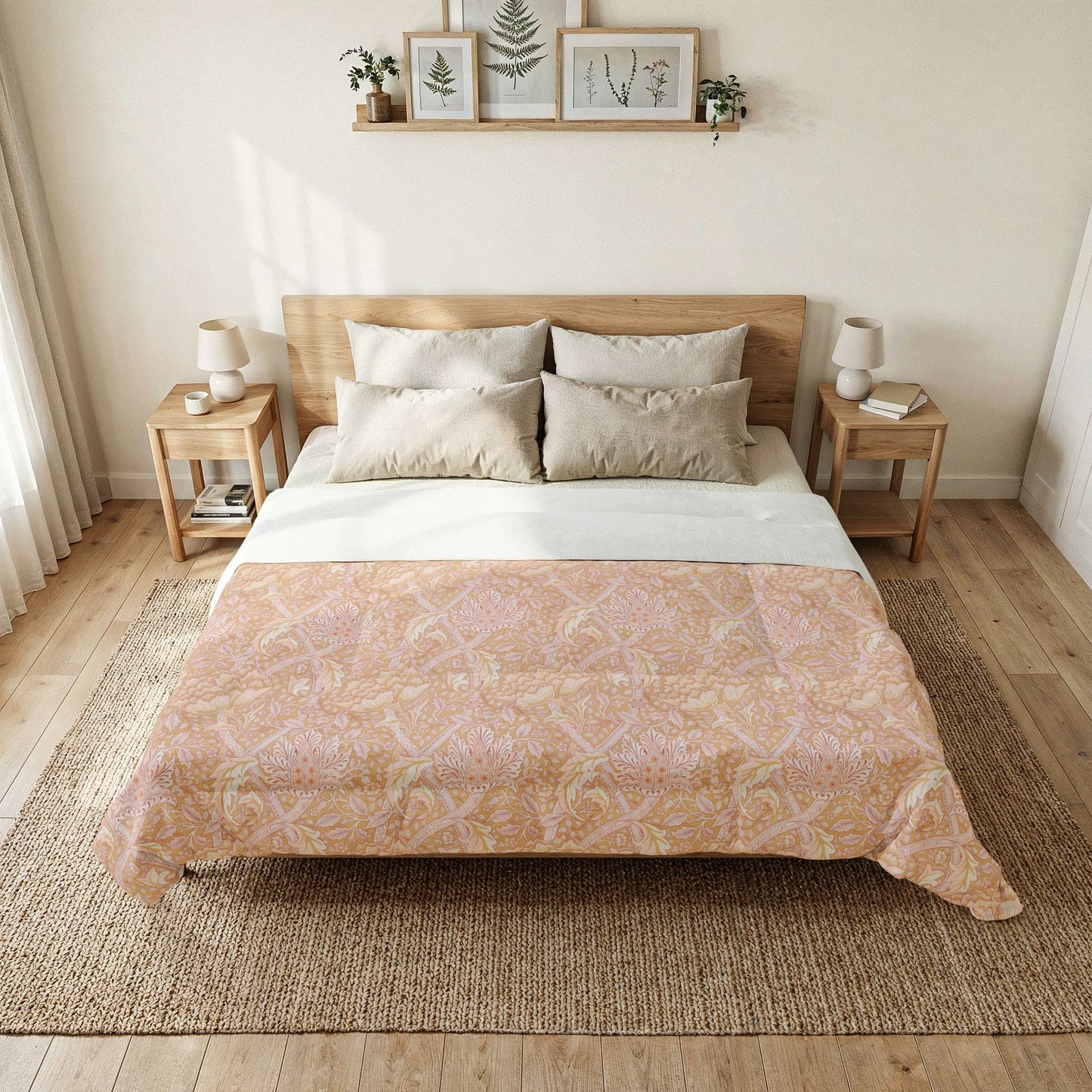 Bedroom with a wooden bed, beige patterned duvet, and side tables with lamps.