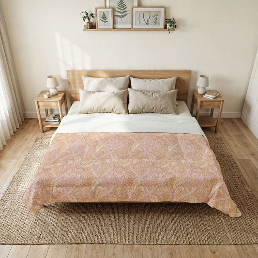 Bedroom with a wooden bed, beige patterned duvet, and side tables with lamps.