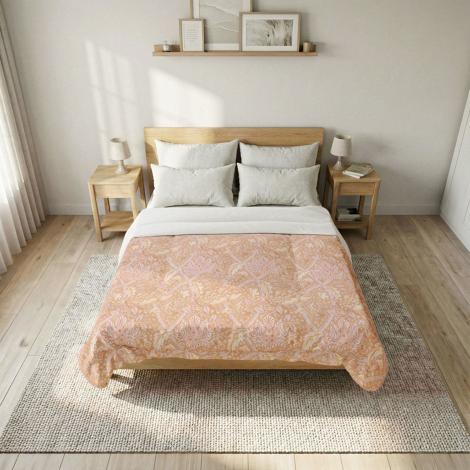 Bedroom with a wooden bed and floral comforter on a light wood floor.
