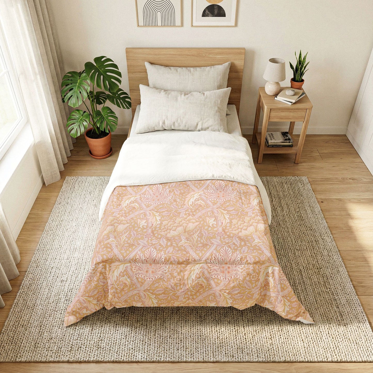 Bedroom with a bed featuring a white comforter with pink paw prints and hearts.