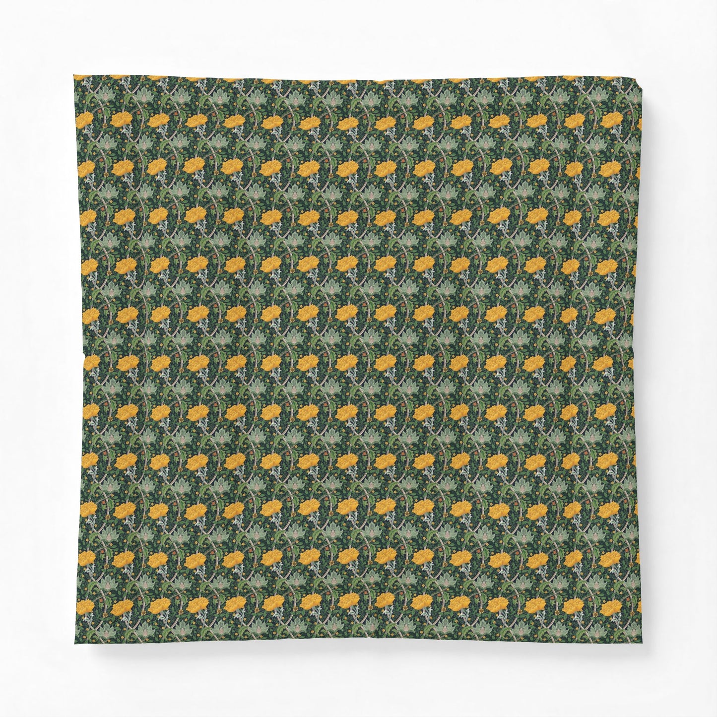 A square fabric item, likely a pillow cover or blanket, featuring a repeating William Morris-style floral pattern of yellow flowers and green leaves on a dark forest green background, shown against a plain white background.