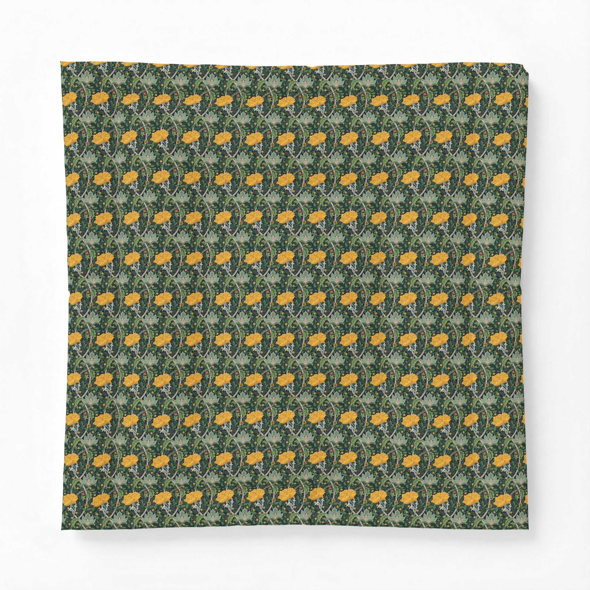 A square fabric item, likely a pillow cover or blanket, featuring a repeating William Morris-style floral pattern of yellow flowers and green leaves on a dark forest green background, shown against a plain white background.