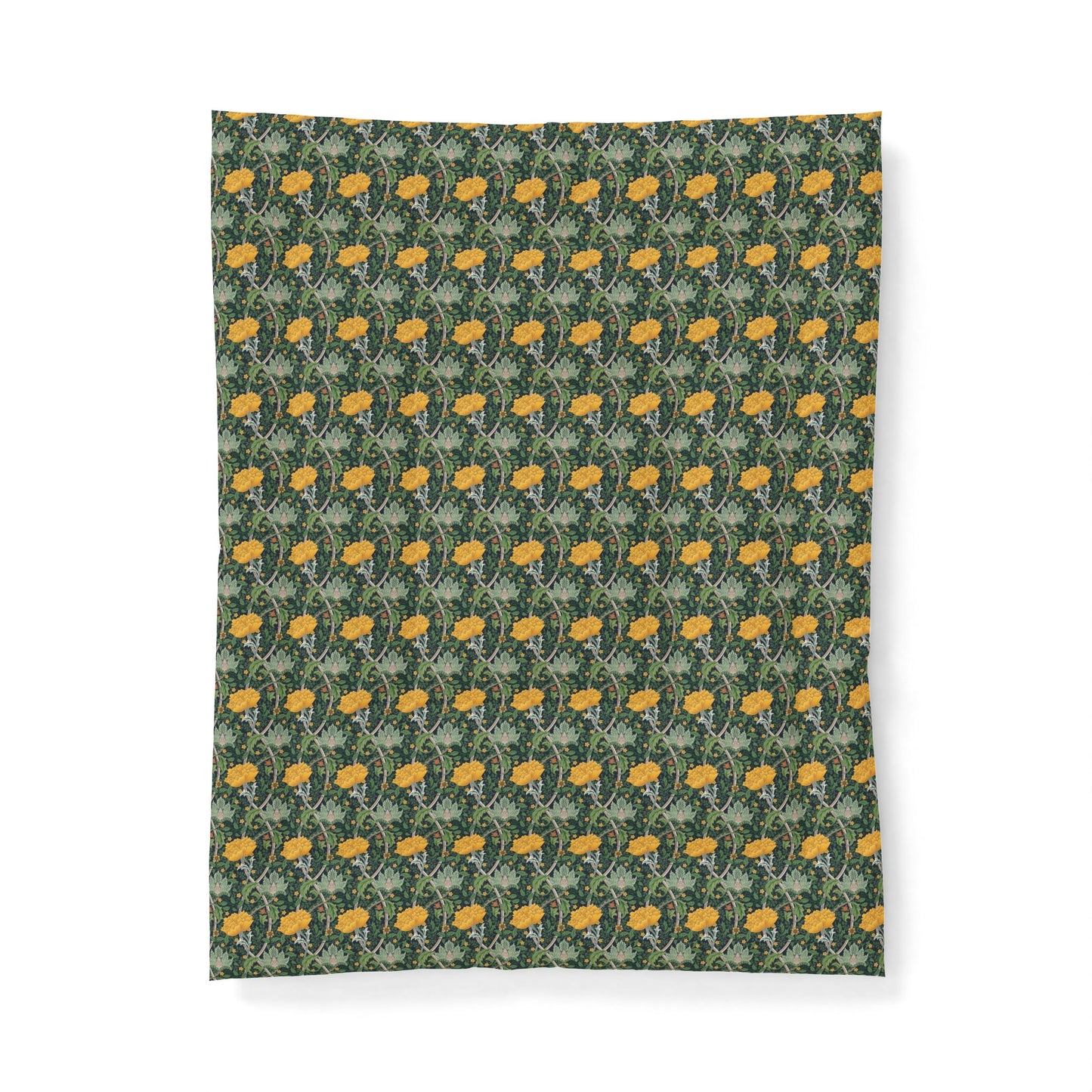 A rectangular fabric item, likely a blanket or tapestry, featuring a repeating William Morris-style floral pattern in yellow, green, and gray on a dark green background, shown against a plain white background.