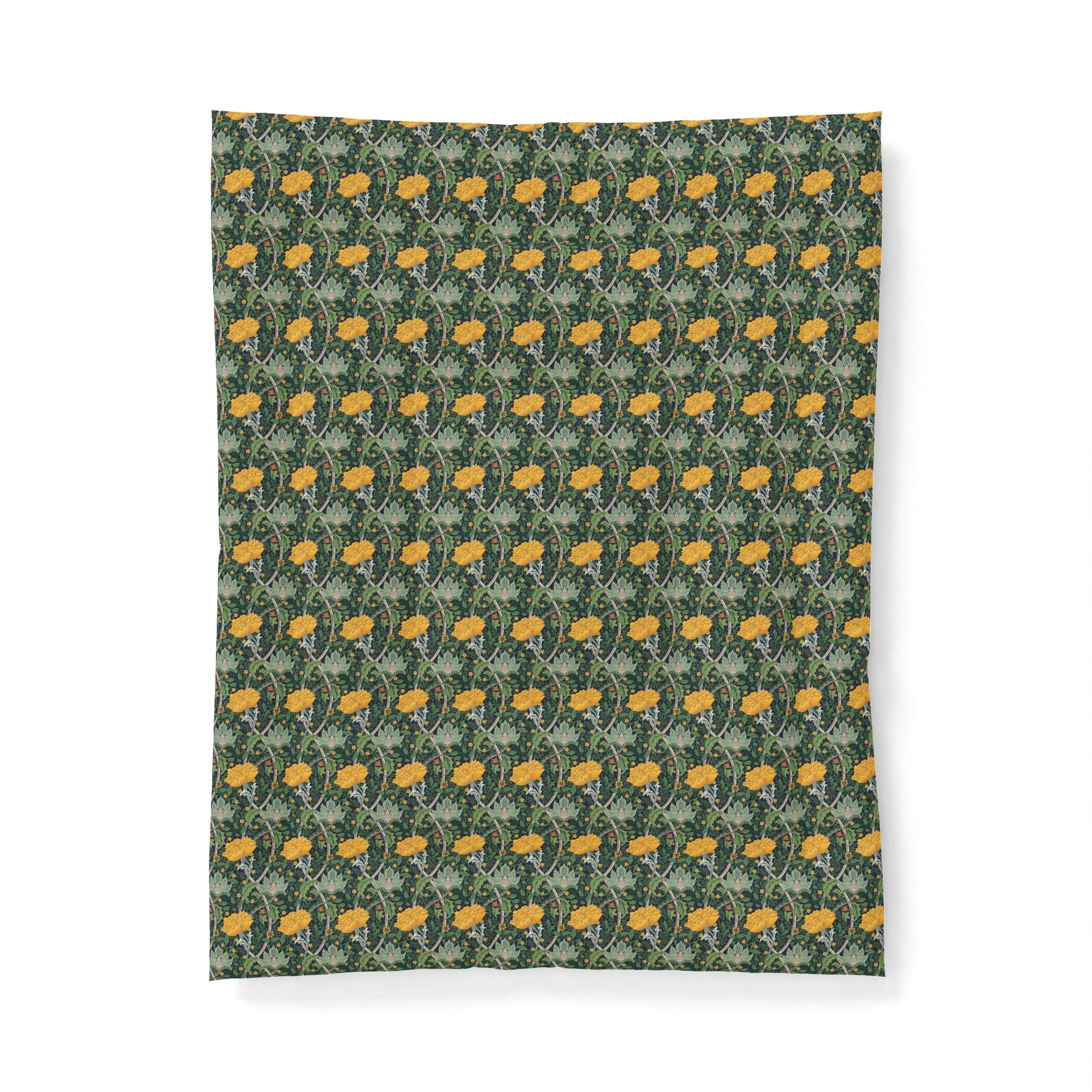 A rectangular fabric item, likely a blanket or tapestry, featuring a repeating William Morris-style floral pattern in yellow, green, and gray on a dark green background, shown against a plain white background.