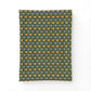 A rectangular fabric item, likely a pillowcase or blanket, featuring a repeating William Morris-style floral pattern in mustard yellow, sage green, and dark forest green on a white background.