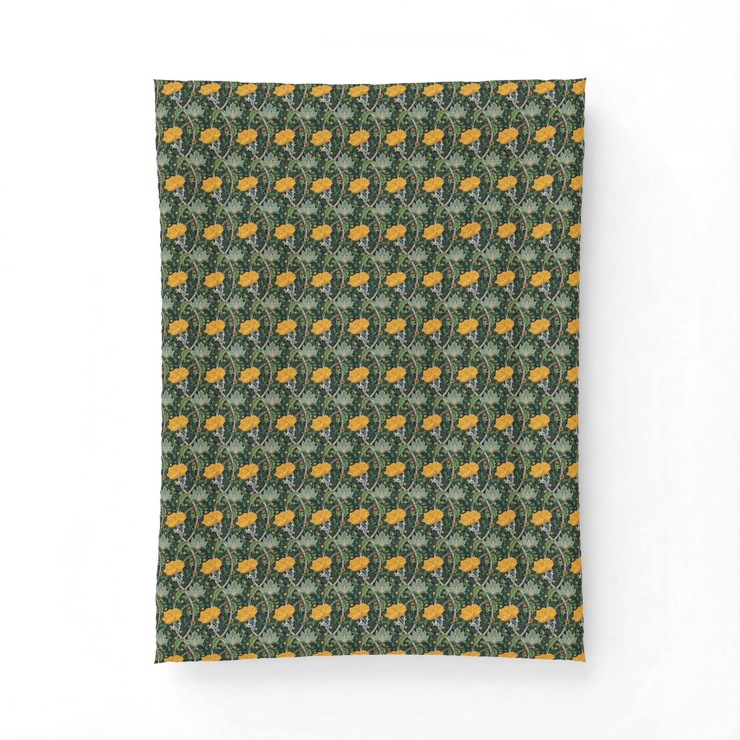 A rectangular fabric item, likely a pillowcase or blanket, featuring a repeating William Morris-style floral pattern in mustard yellow, sage green, and dark forest green on a white background.