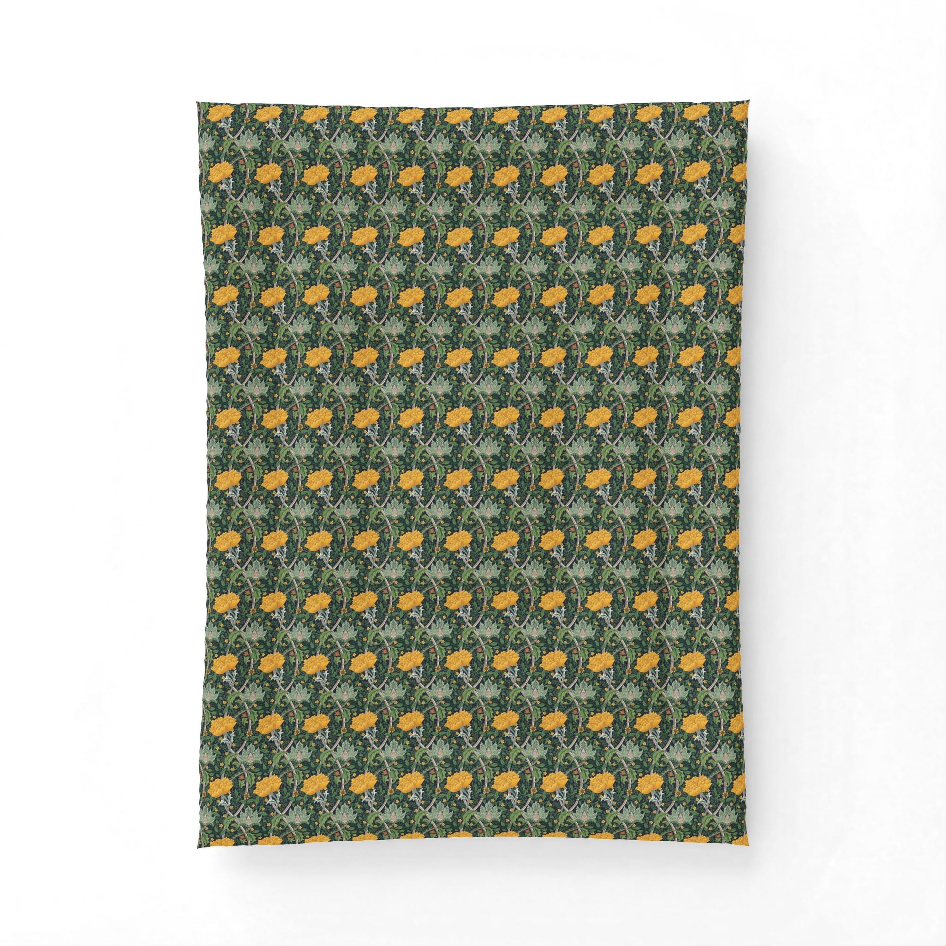 A rectangular fabric item, likely a pillowcase or blanket, featuring a repeating William Morris-style floral pattern in mustard yellow, sage green, and dark forest green on a white background.