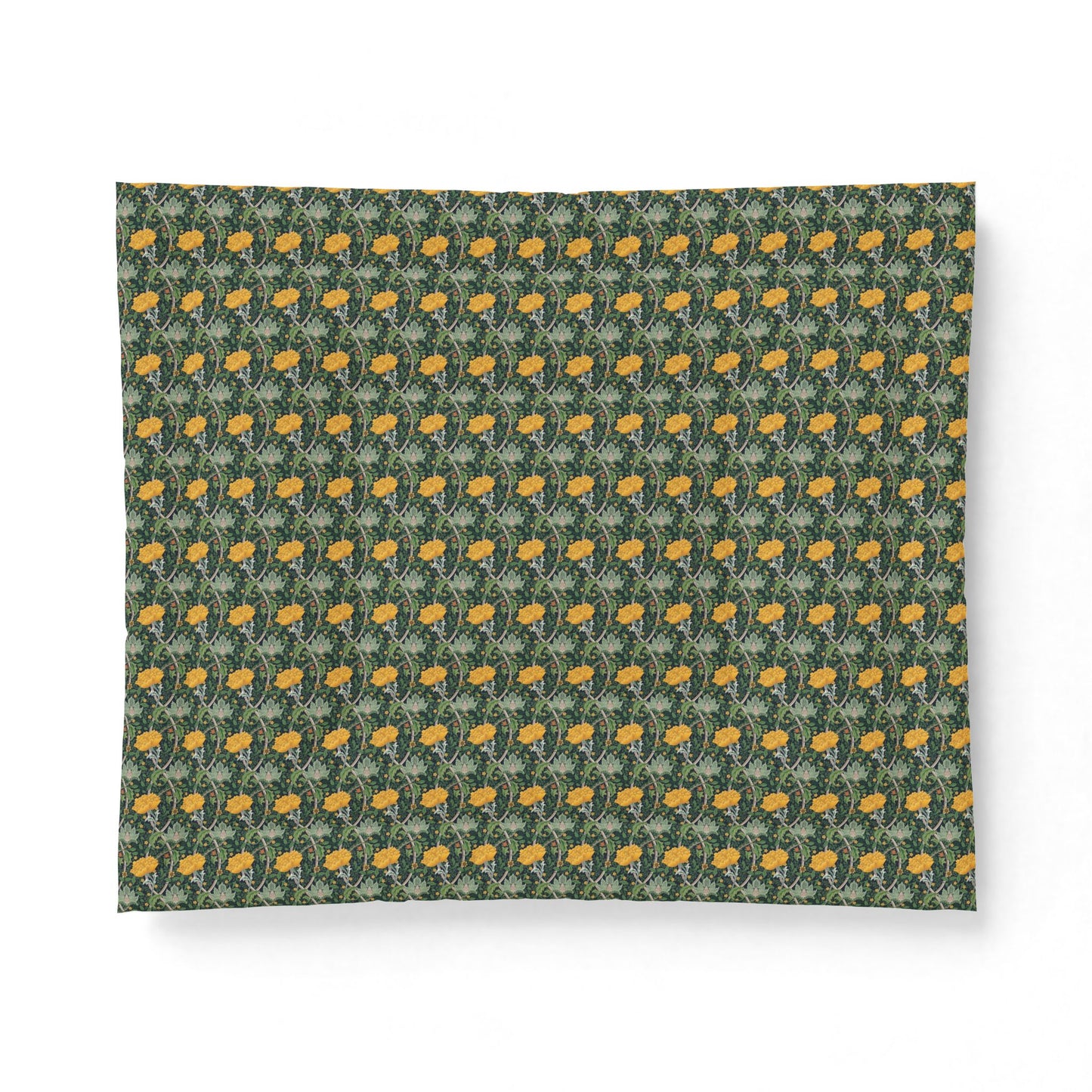 A rectangular fabric or paper sheet with a repeating pattern of small yellow flowers and green leaves on a dark green background, shown against a plain white backdrop.