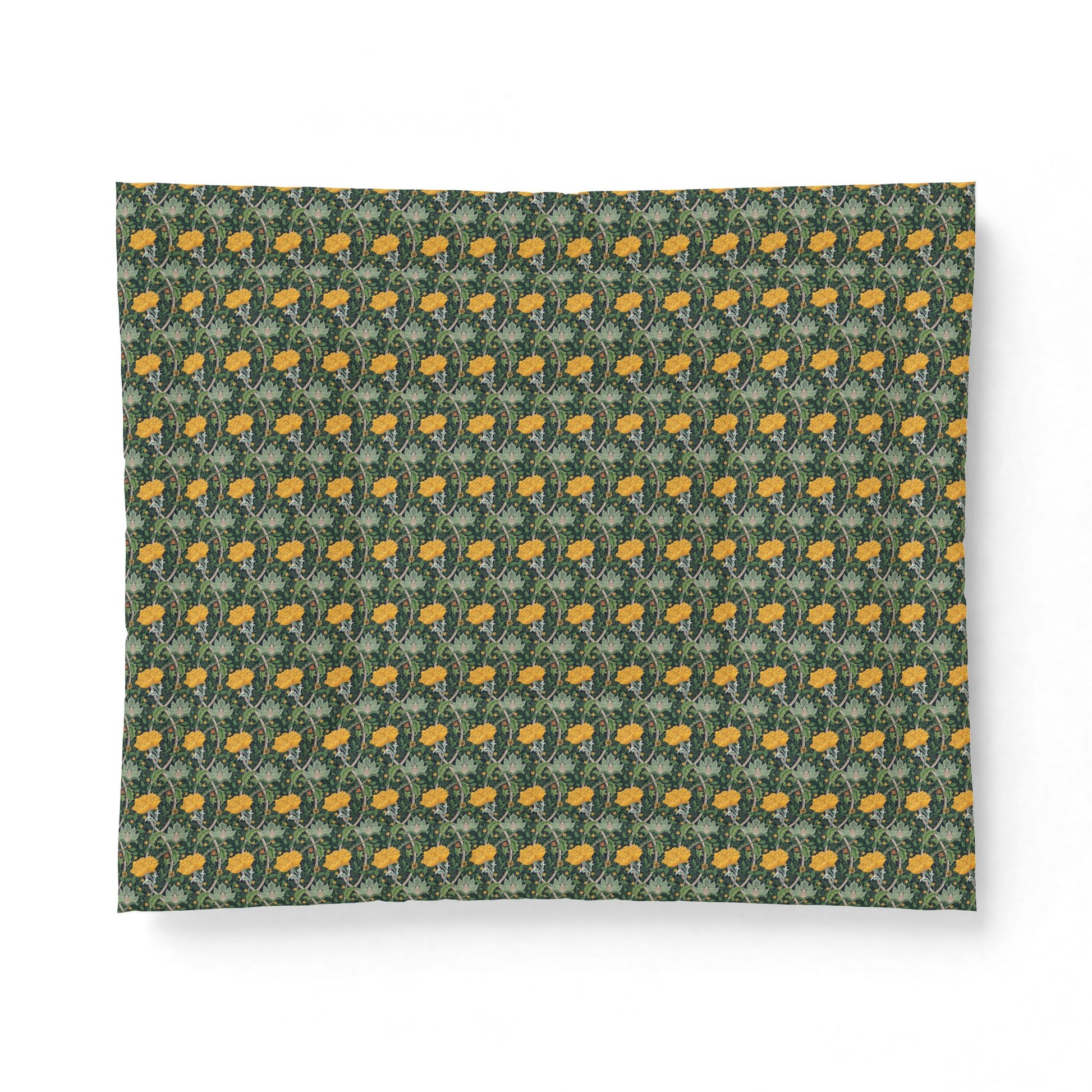 A rectangular fabric or paper sheet with a repeating pattern of small yellow flowers and green leaves on a dark green background, shown against a plain white backdrop.