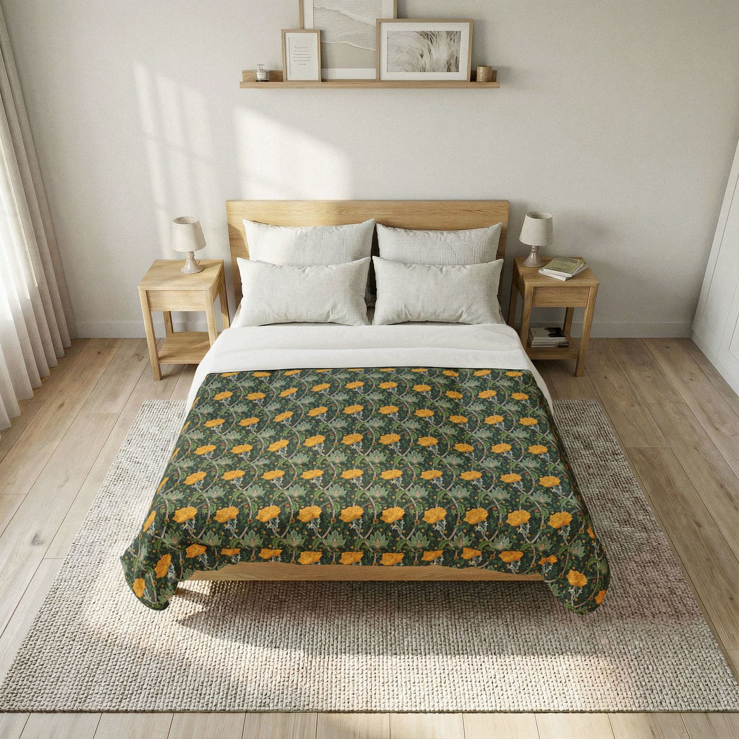 Bed with floral patterned comforter in a bedroom setting