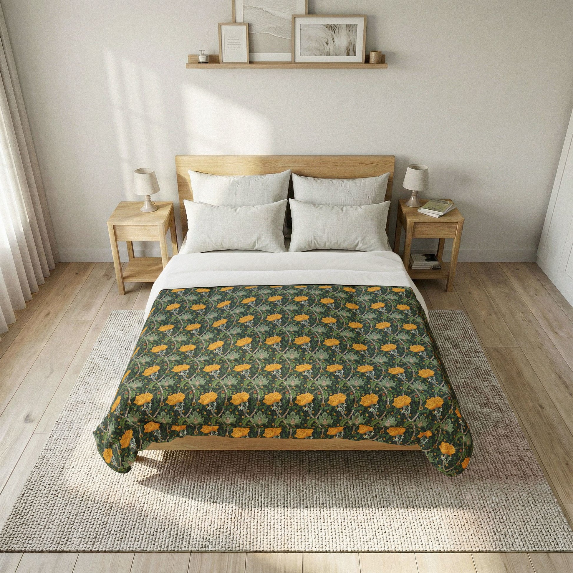 Bed with floral patterned comforter in a bedroom setting