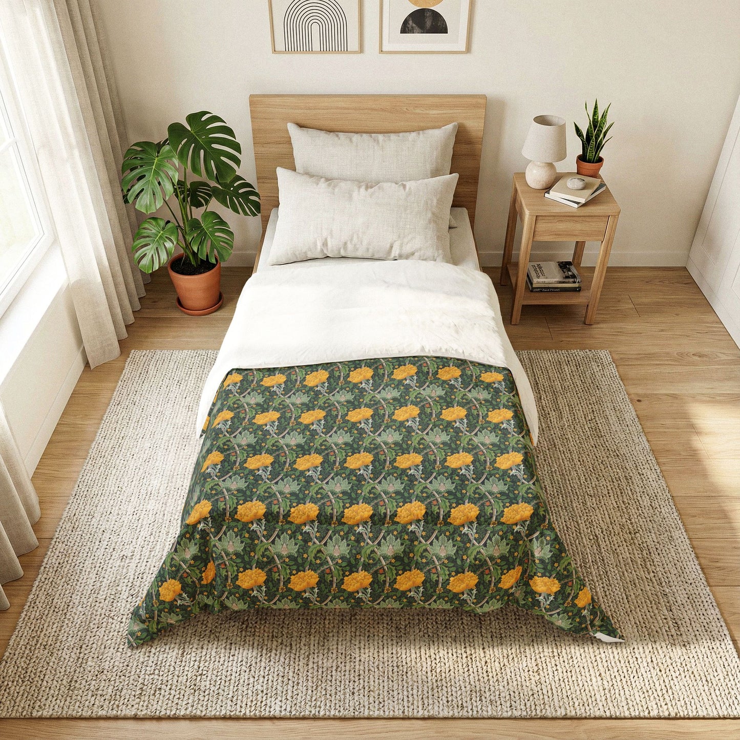 Bedroom with floral-patterned comforter on a bed, side table with lamp and books, and plants.