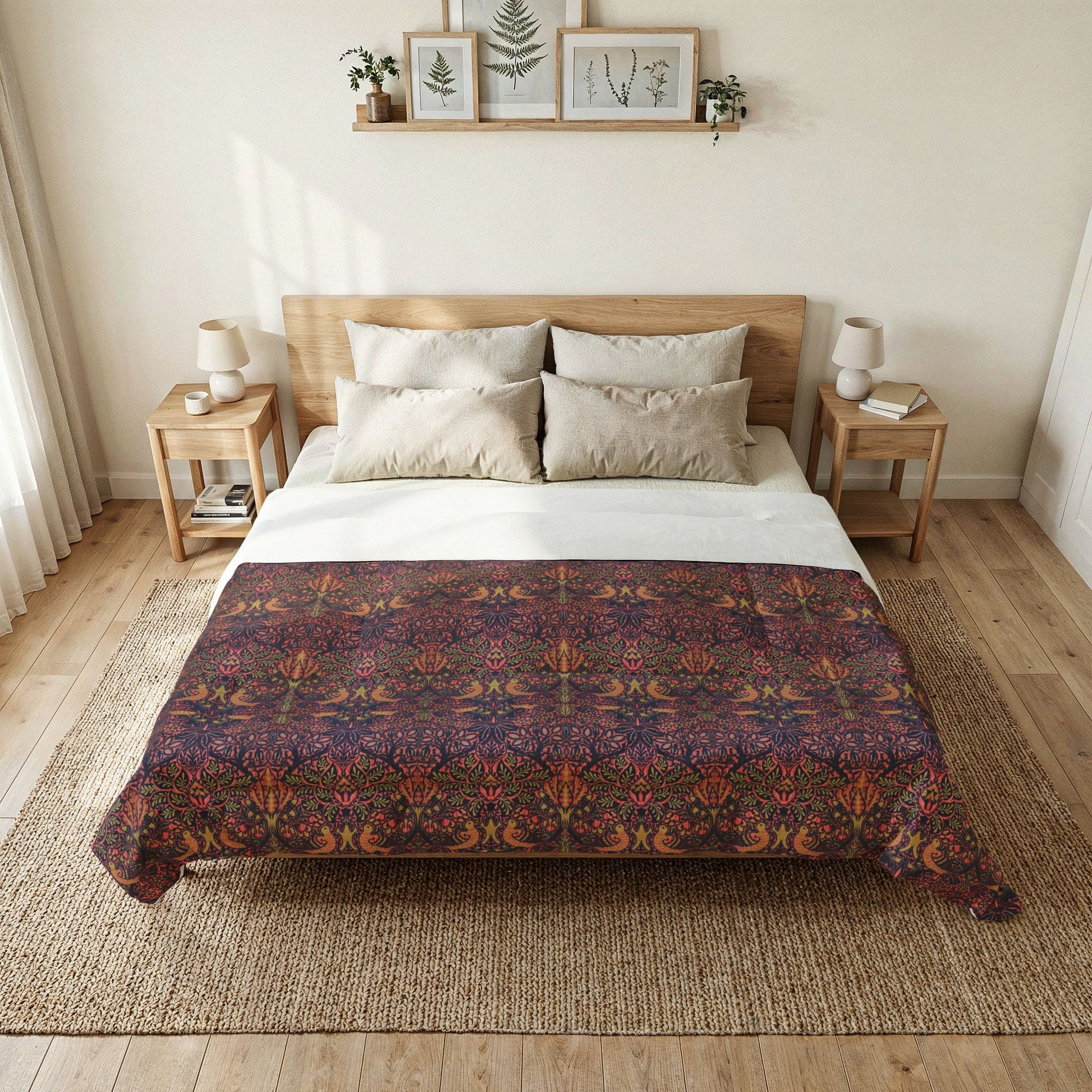 A bed dressed in a white sheet and a dark patterned quilt with a wide decorative band, styled in a bright, minimalist bedroom with wooden nightstands, lamps, and framed botanical prints on the wall.