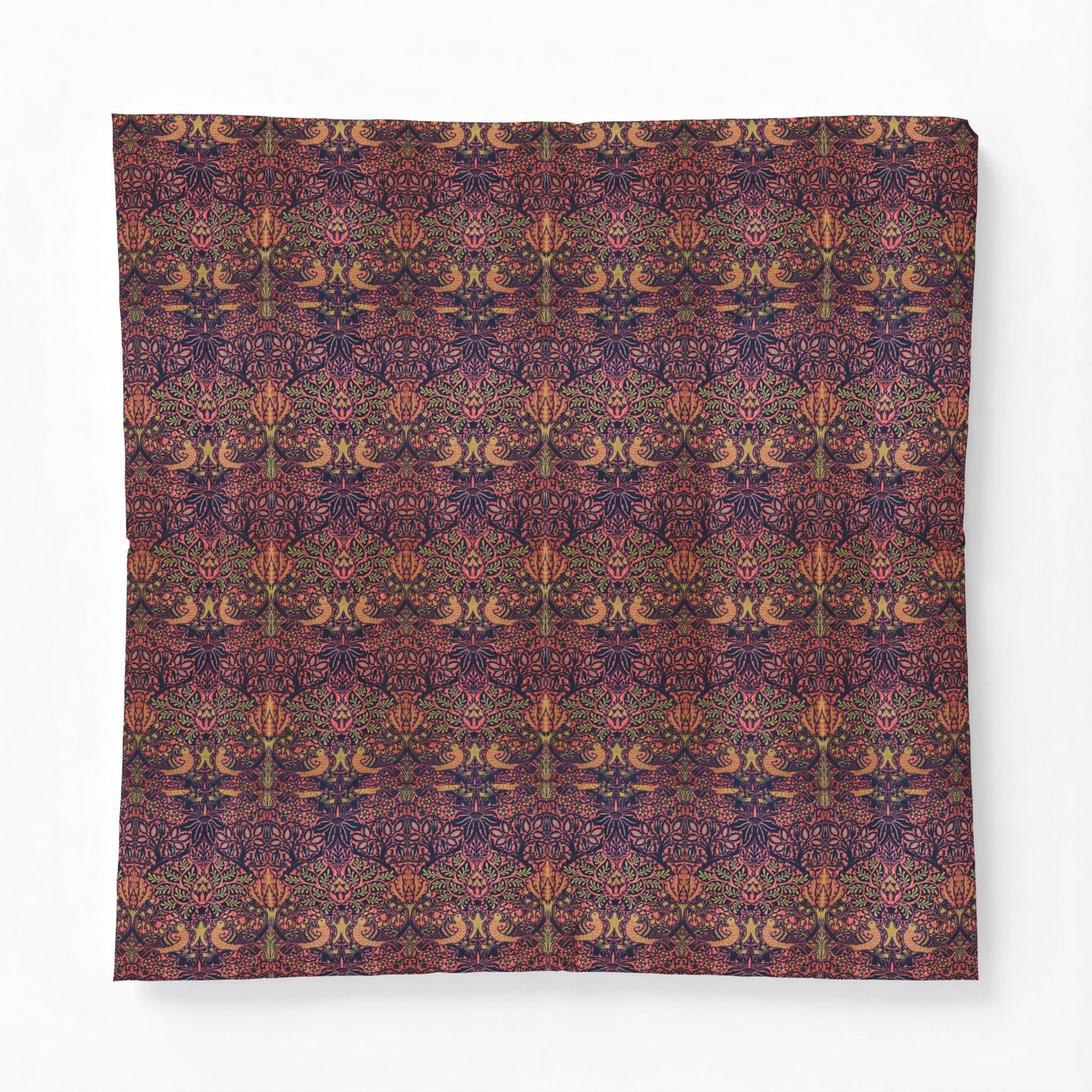 A square fabric bandana or scarf featuring an intricate, symmetrical Victorian-style floral pattern in deep purple, burgundy, rust orange, and olive green, displayed flat against a clean white background.