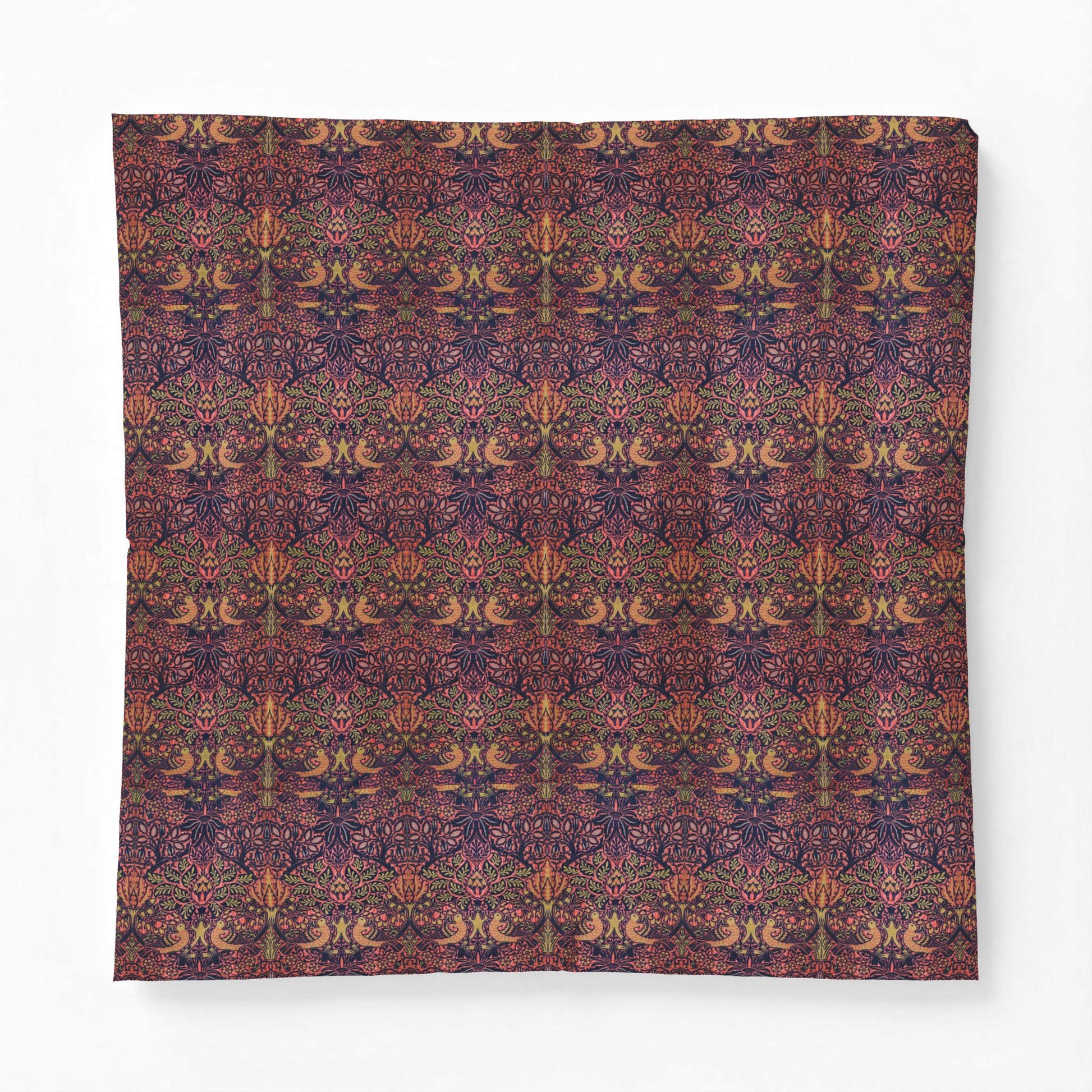 A square fabric bandana or scarf featuring an intricate, symmetrical Victorian-style floral pattern in deep purple, burgundy, rust orange, and olive green, displayed flat against a clean white background.