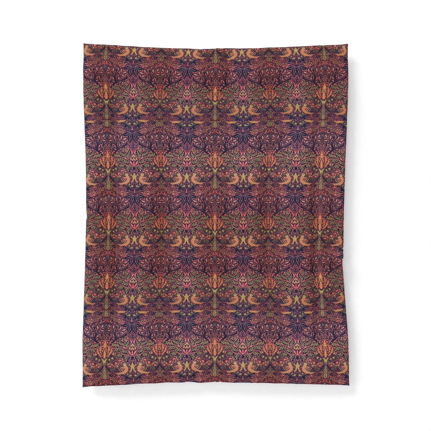 A rectangular textile product, likely a blanket or tapestry, featuring an intricate, symmetrical floral and ornamental pattern in deep purple, burgundy, and warm orange-brown tones, shown flat against a white background.