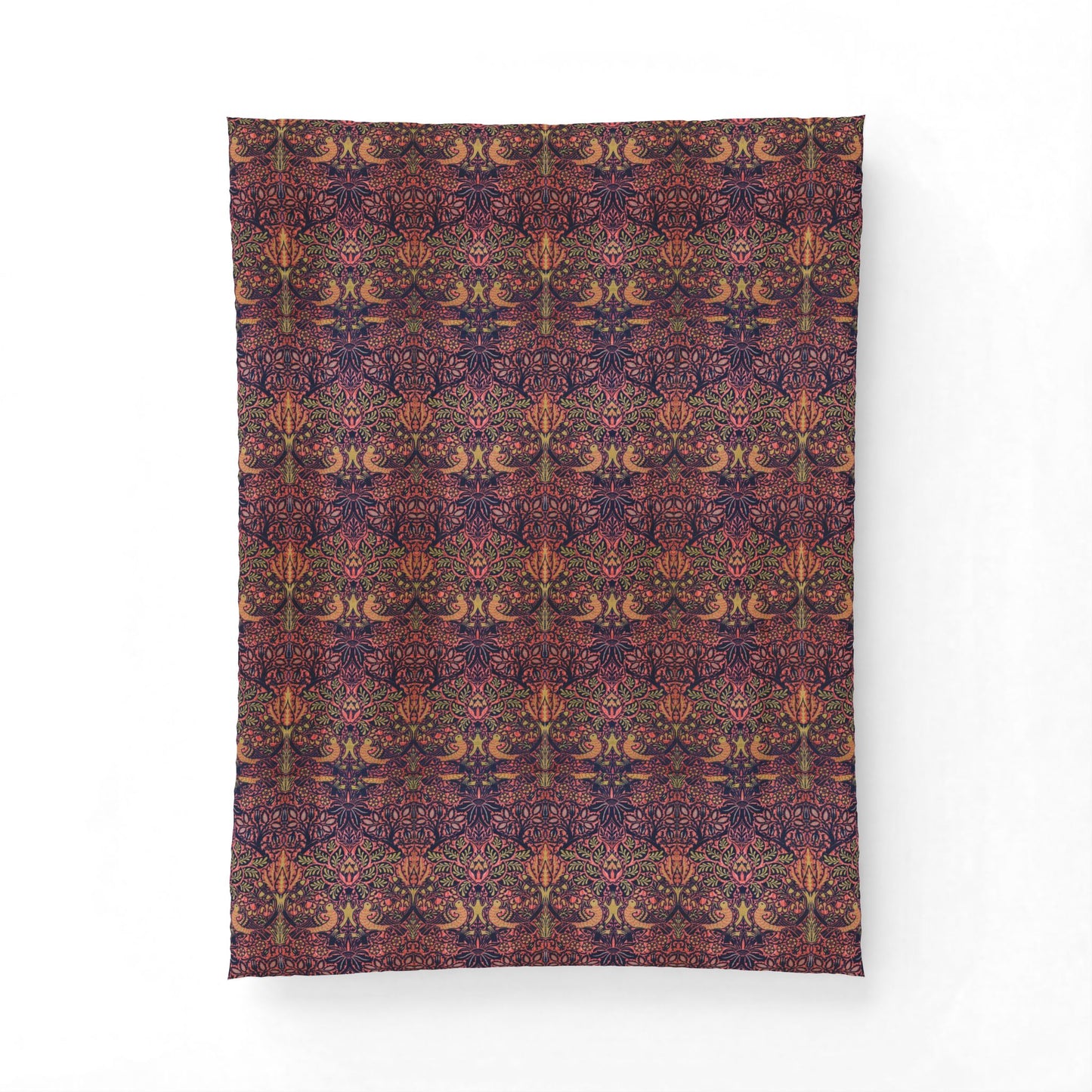 A rectangular textile or rug with an intricate repeating ornamental pattern in deep purple, burgundy, rust orange, and brown tones, shown flat against a plain white background.