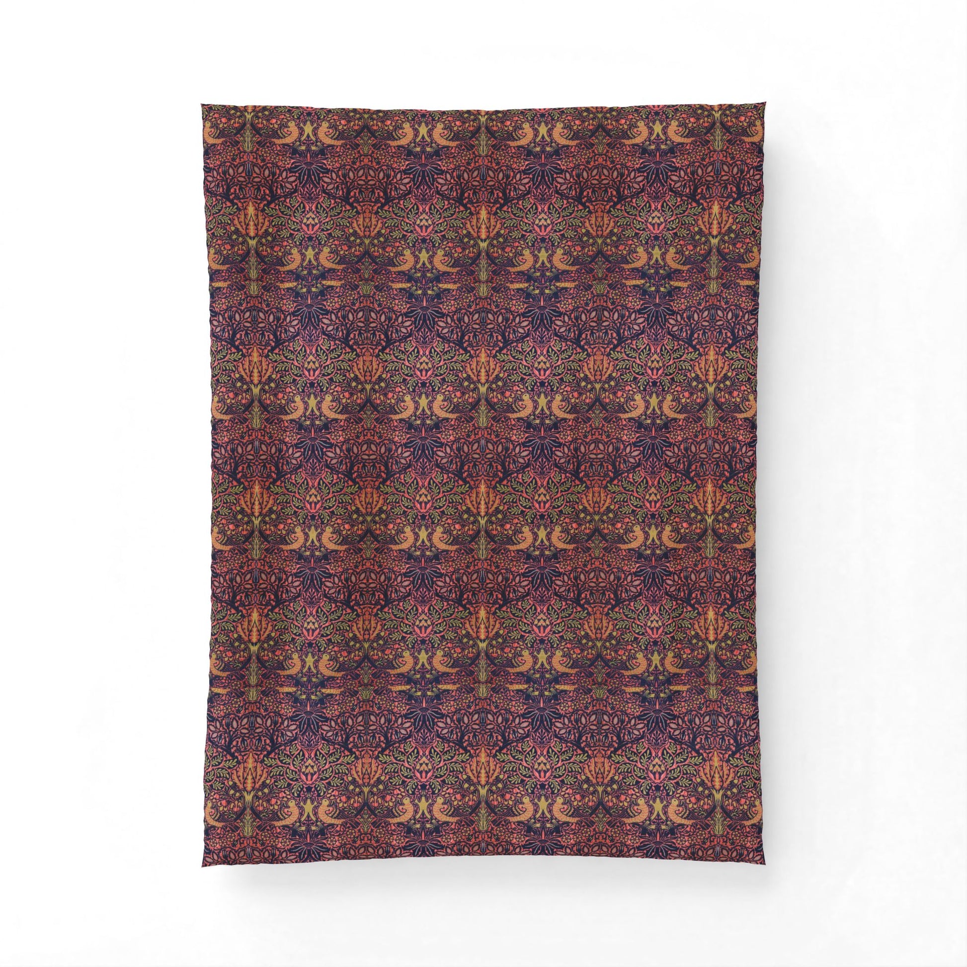 A rectangular textile or rug with an intricate repeating ornamental pattern in deep purple, burgundy, rust orange, and brown tones, shown flat against a plain white background.