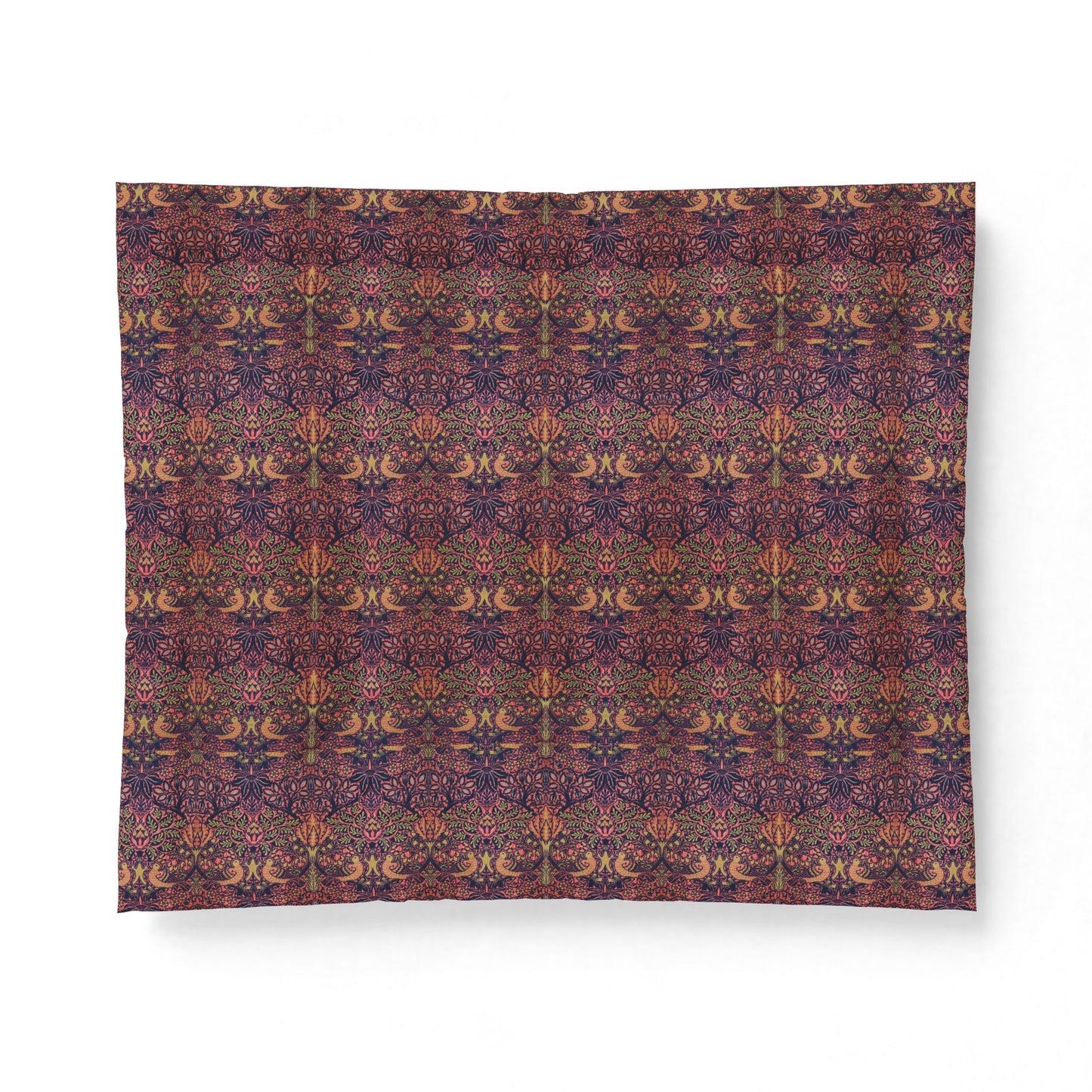 A rectangular fabric item, likely a pillowcase or small blanket, featuring an intricate, symmetrical bohemian-style pattern in deep purple, burgundy, gold, and brown tones, shown against a plain white background.