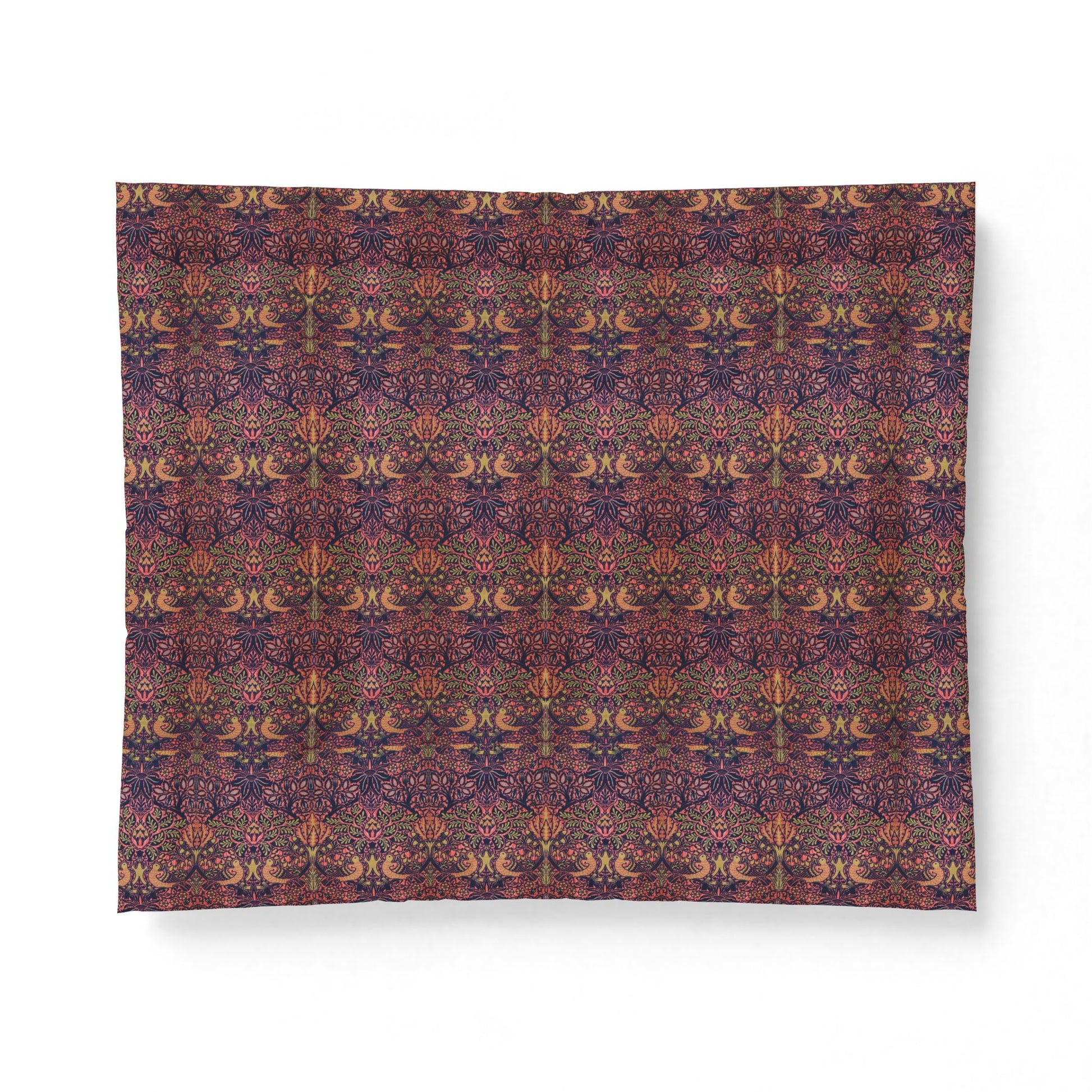 A rectangular fabric item, likely a pillowcase or small blanket, featuring an intricate, symmetrical bohemian-style pattern in deep purple, burgundy, gold, and brown tones, shown against a plain white background.