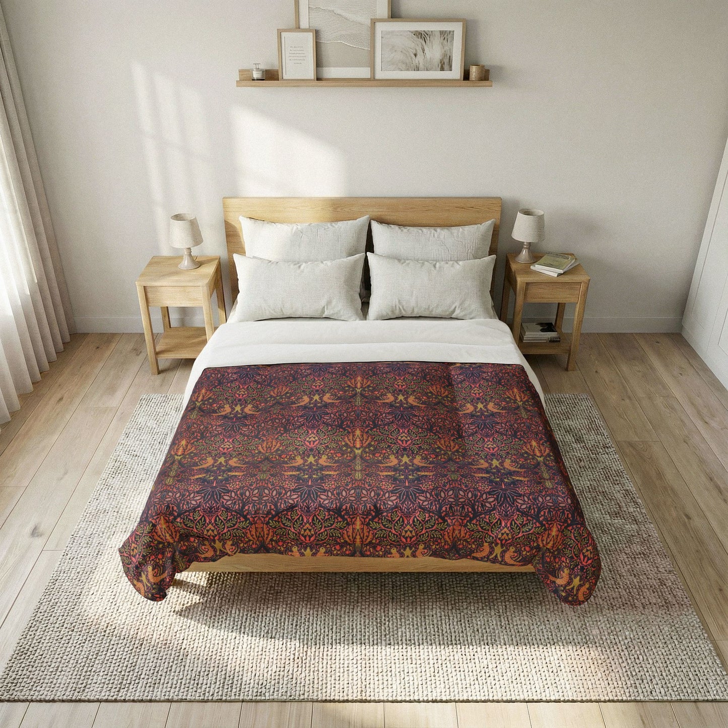 Bedroom with a wooden bed and patterned blanket