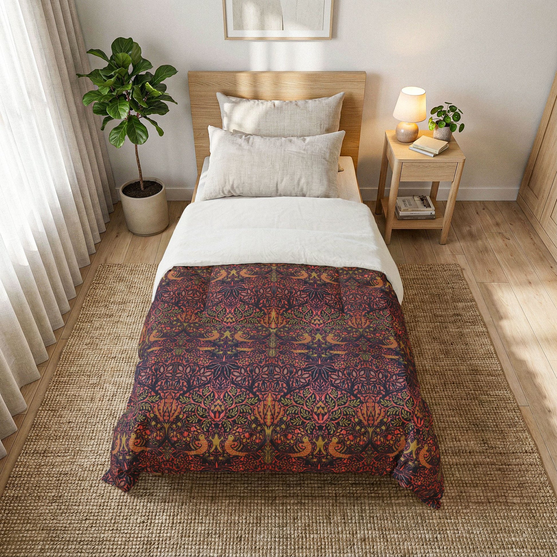 A single bed in a styled bedroom setting, featuring a colorful bohemian-style patterned comforter with red, orange, and purple tones over white bedding. The bed is placed on a woven jute rug next to a wooden nightstand with a lamp and a potted plant.