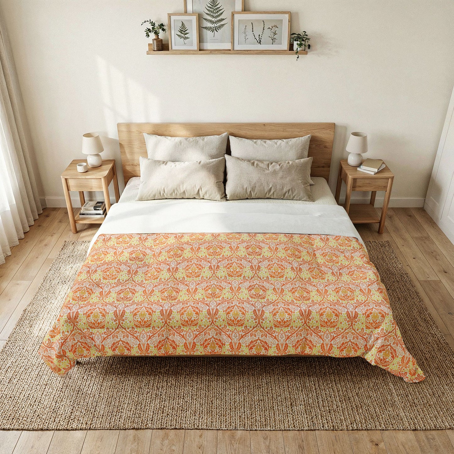 A neatly made bed in a bright bedroom, featuring a patterned comforter in orange, yellow, and beige tones over white sheets, with matching pillows, wooden side tables, lamps, and framed wall art above.