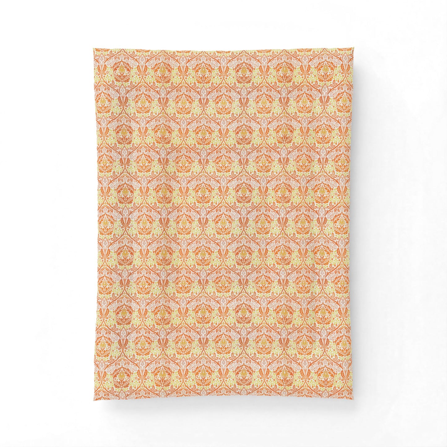 A rectangular fabric panel or throw featuring a repeating ornate damask-style pattern in warm peach, orange, cream, and pale pink tones, shown against a plain white background.