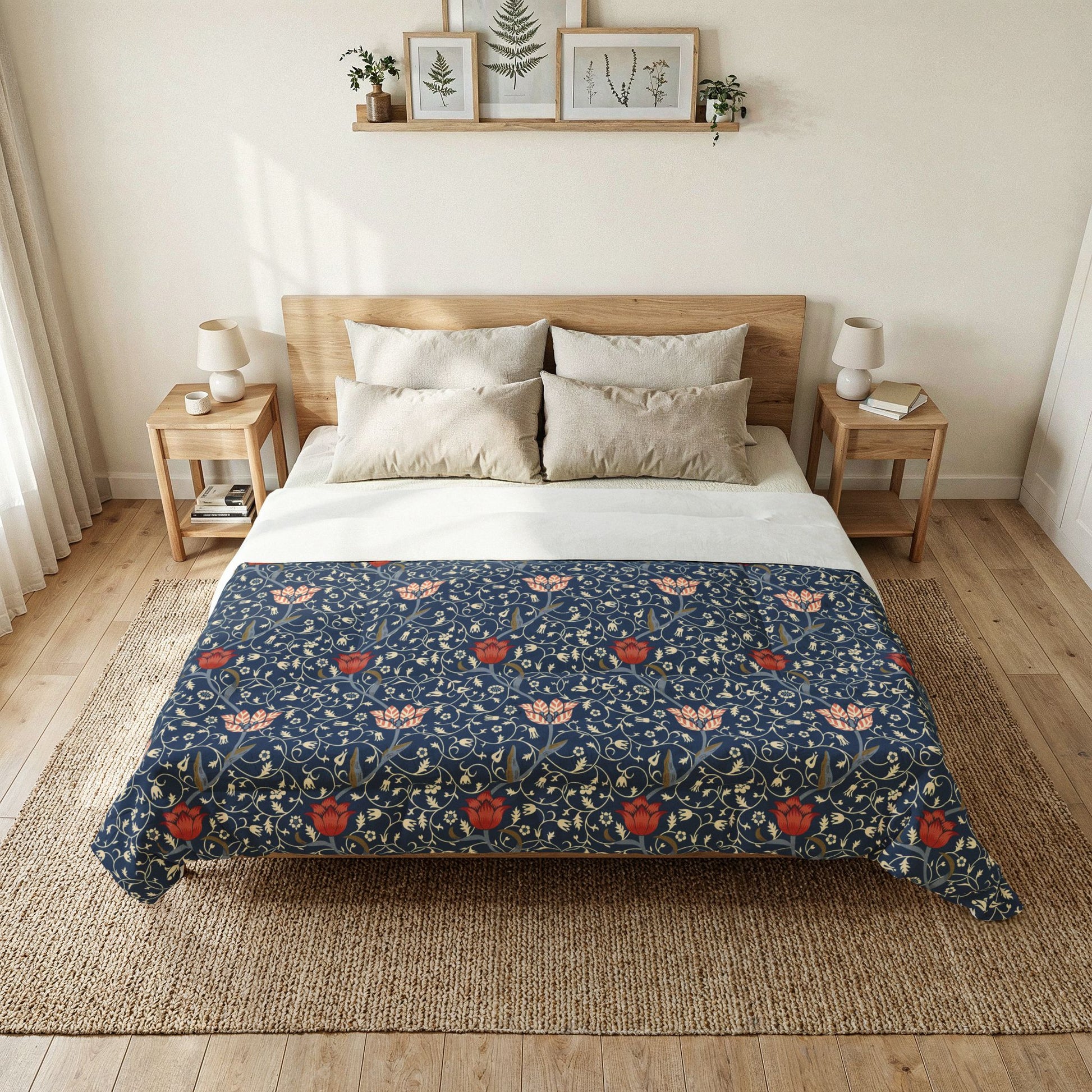 Bedroom with a bed featuring a floral patterned comforter, wooden headboard, and side tables.